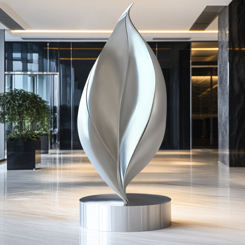 Custom Modern Stainless Steel Abstract Leaf Sculpture with a brushed silver finish, perfect for luxury interiors, corporate lobbies, and modern living spaces.