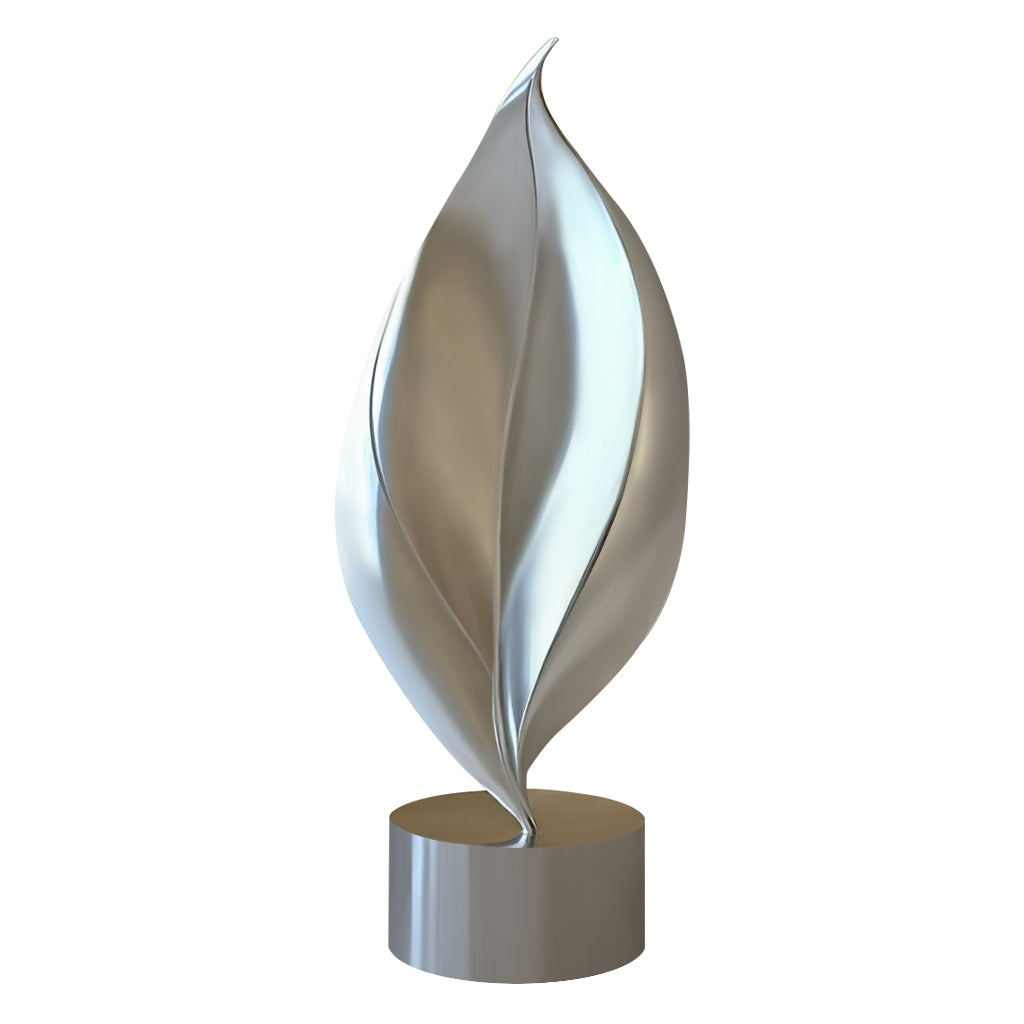 Custom Modern Stainless Steel Abstract Leaf Sculpture with a brushed silver finish