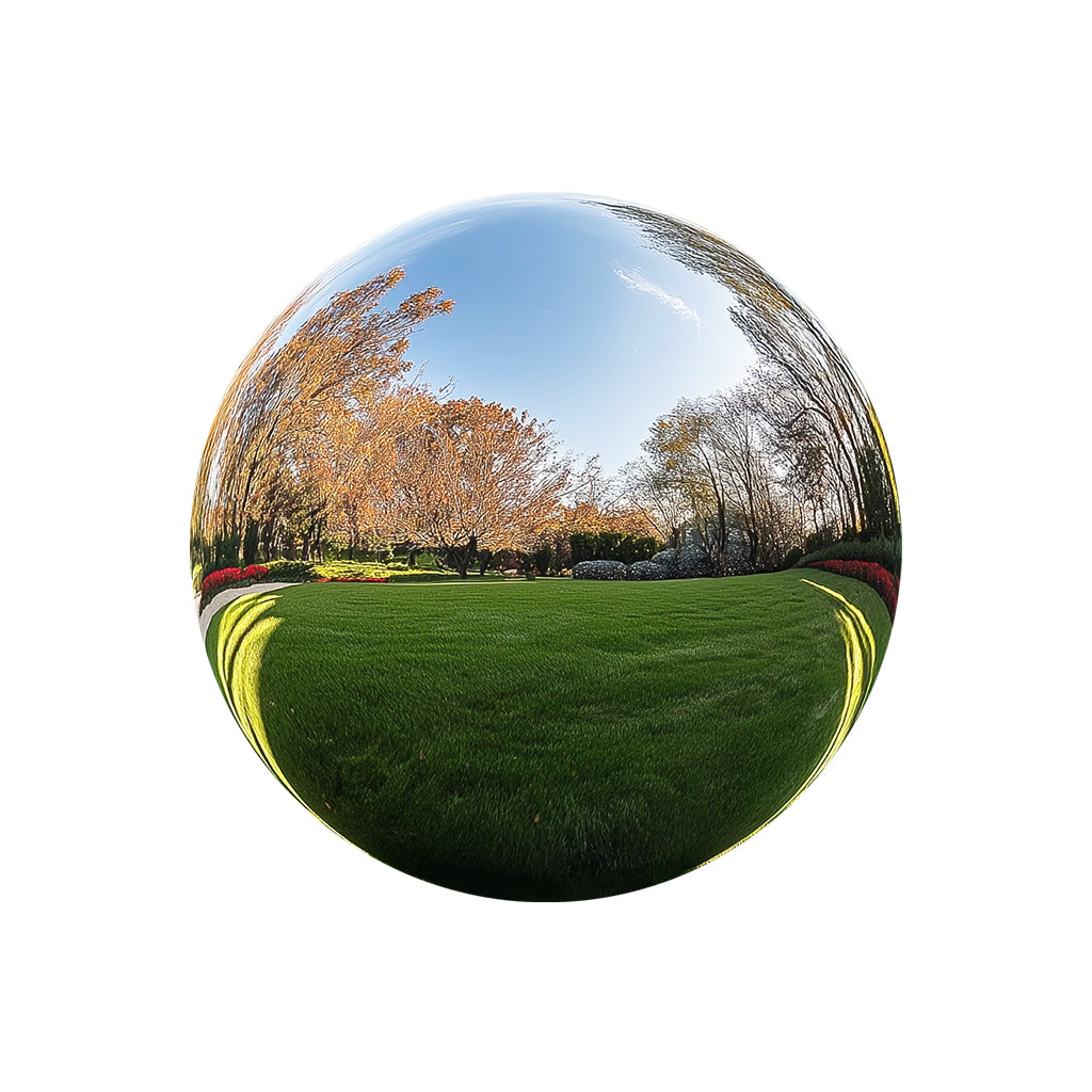 Modern stainless steel mirror sphere sculpture, a stunning outdoor garden art piece reflecting its surroundings with a sleek, polished finish.