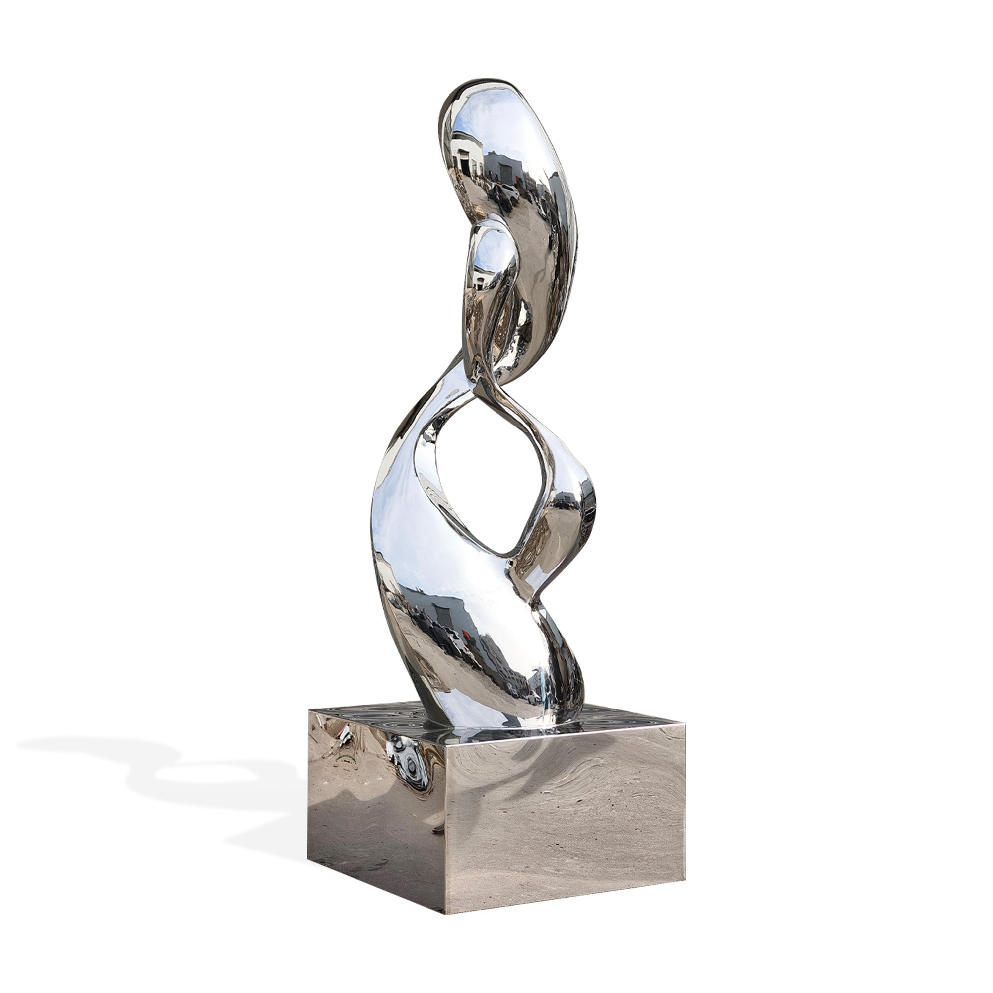 Modern stainless steel abstract sculpture with dynamic curves and mirror finish, viewed from a side angle, emphasizing the elegant flow of the form