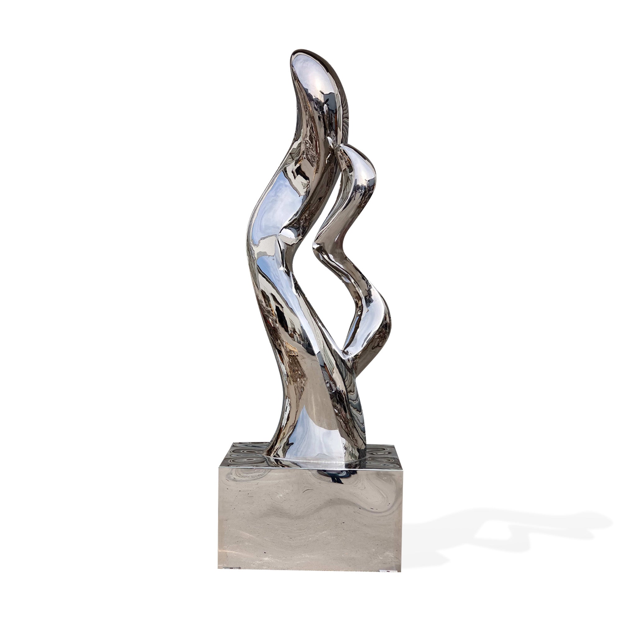 Polished stainless steel sculpture in a sculptural twist, featuring dynamic curves and a reflective mirror finish, viewed from the back side