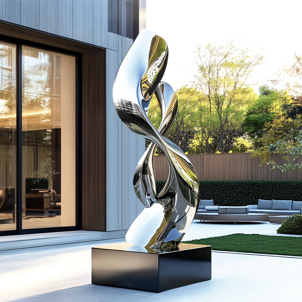 Custom modern abstract stainless steel sculpture Eternal Flow, a striking outdoor garden art piece with a polished mirror finish for contemporary landscapes.