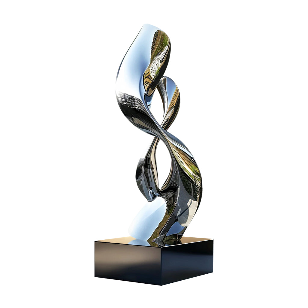 Custom modern abstract stainless steel sculpture Eternal Flow, a striking outdoor garden art piece with a polished mirror finish for contemporary landscapes.