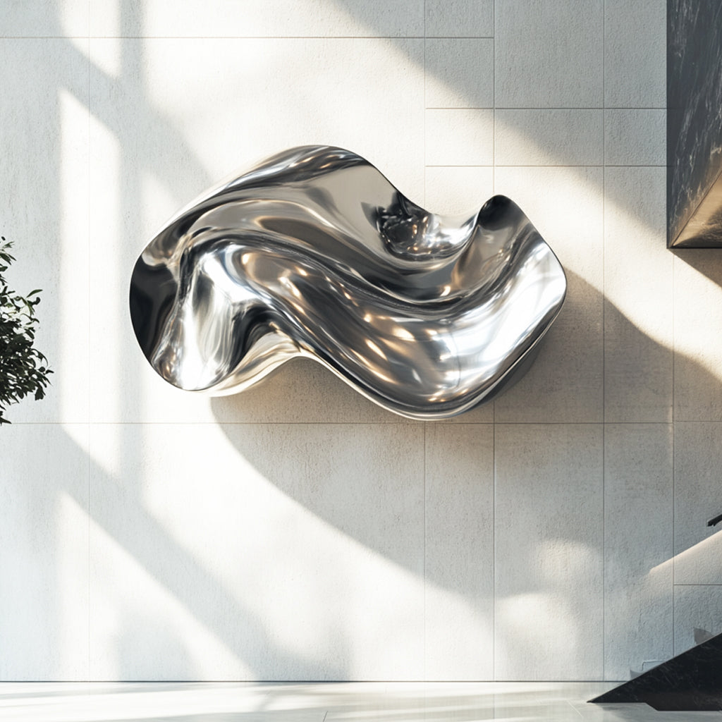abstract stainless steel wall sculpture with a polished mirror finish on the wall