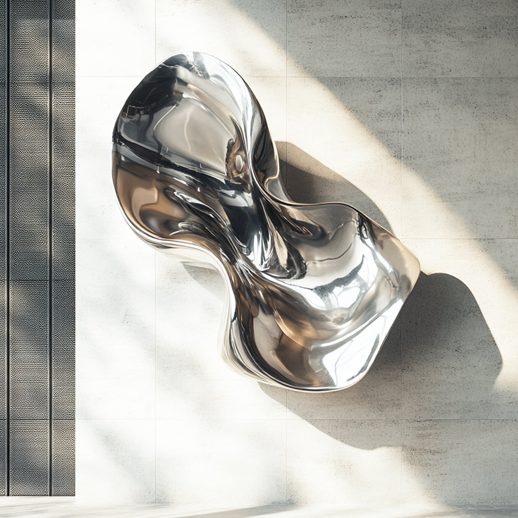 Custom modern fluid abstract stainless steel wall sculpture with a polished mirror finish,  mounting on the wall