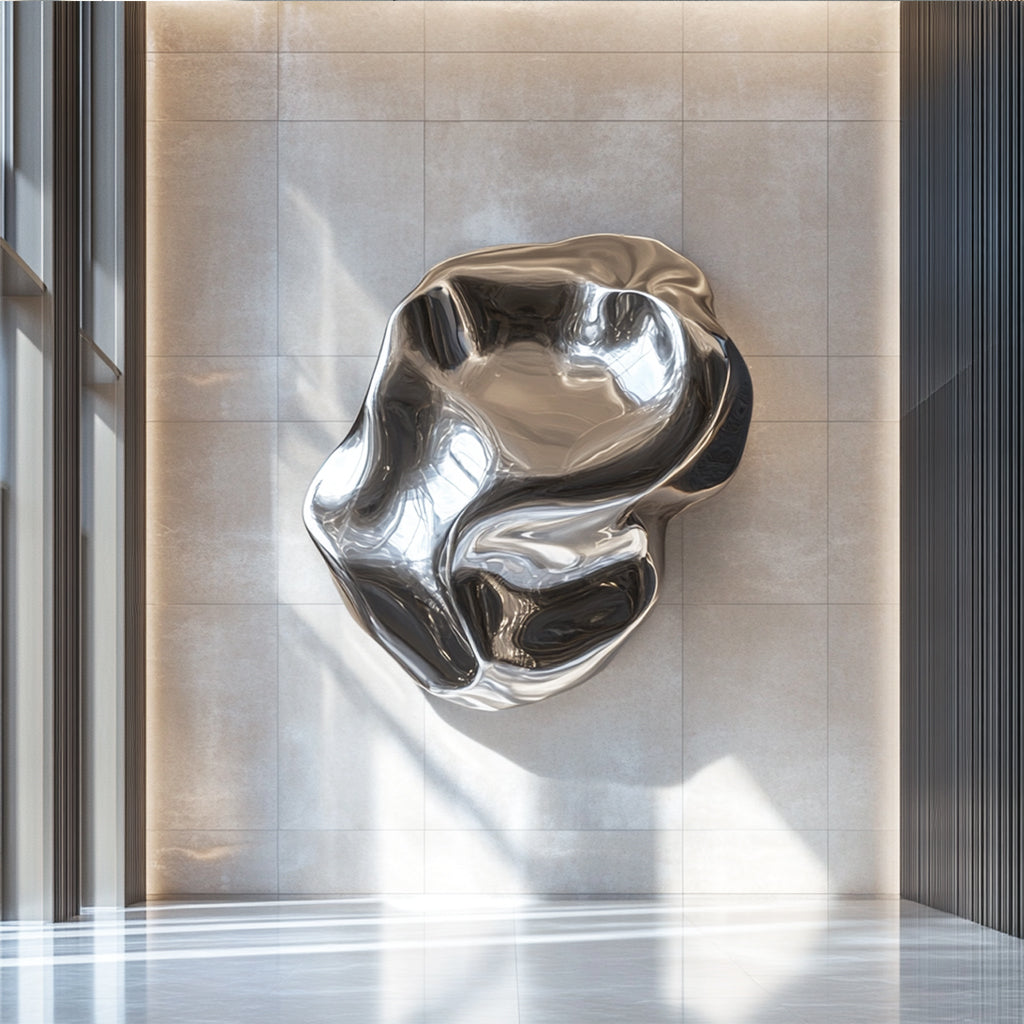 Large size modern fluid abstract stainless steel wall sculpture with a polished mirror finish, reflecting light and creating dynamic visual effects.