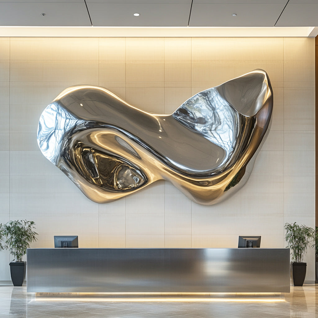 Luxury reception art large modern fluid abstract stainless steel wall sculpture with polished mirror finish, adding dynamic movement and elegance to the space.