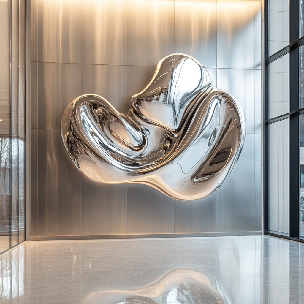 Custom large modern fluid abstract stainless steel wall sculpture with polished mirror finish, symbolizing dynamic energy and transformation.