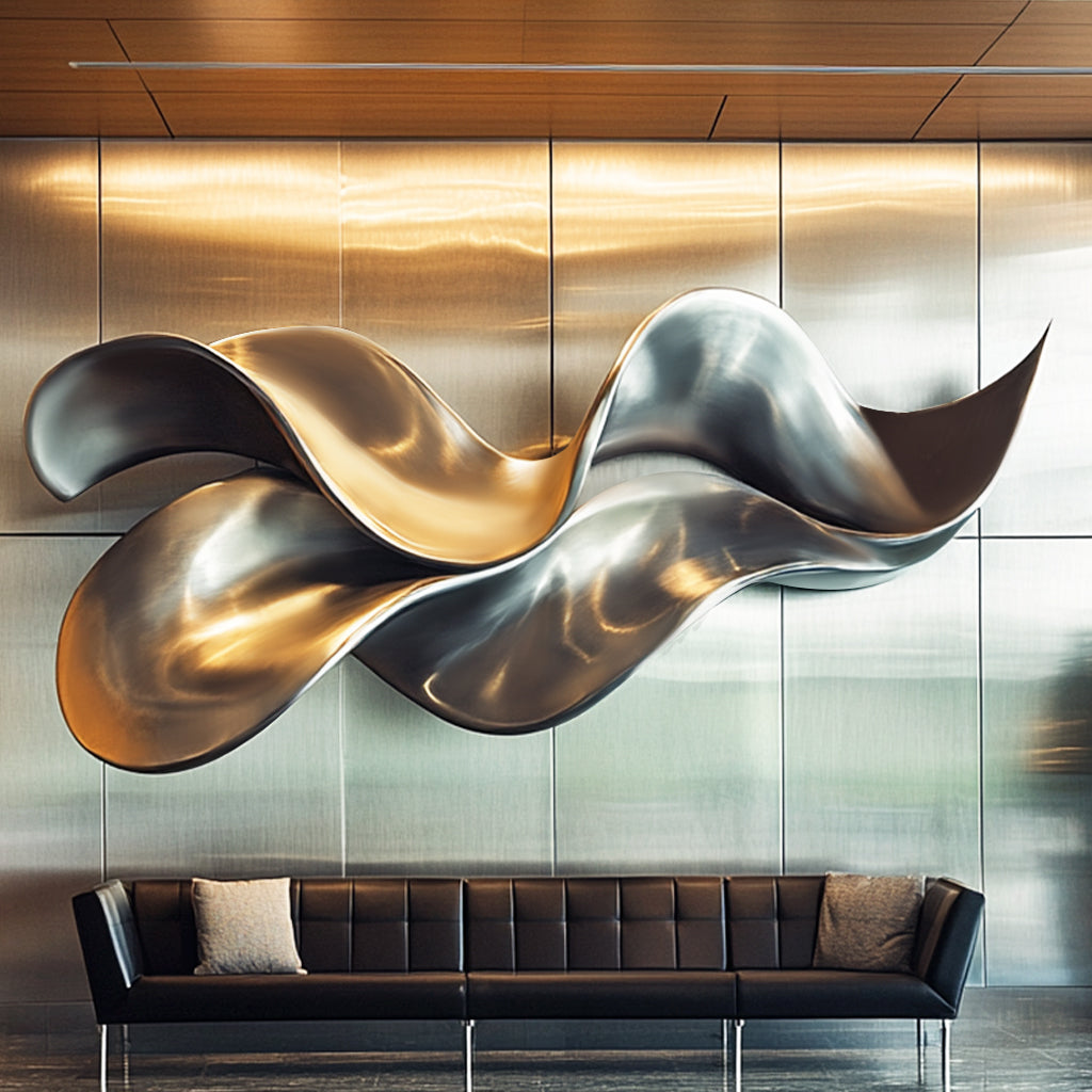 Large fluid abstract stainless steel wall sculpture with polished mirror finish, featuring dynamic curves and a modern design for luxury spaces.