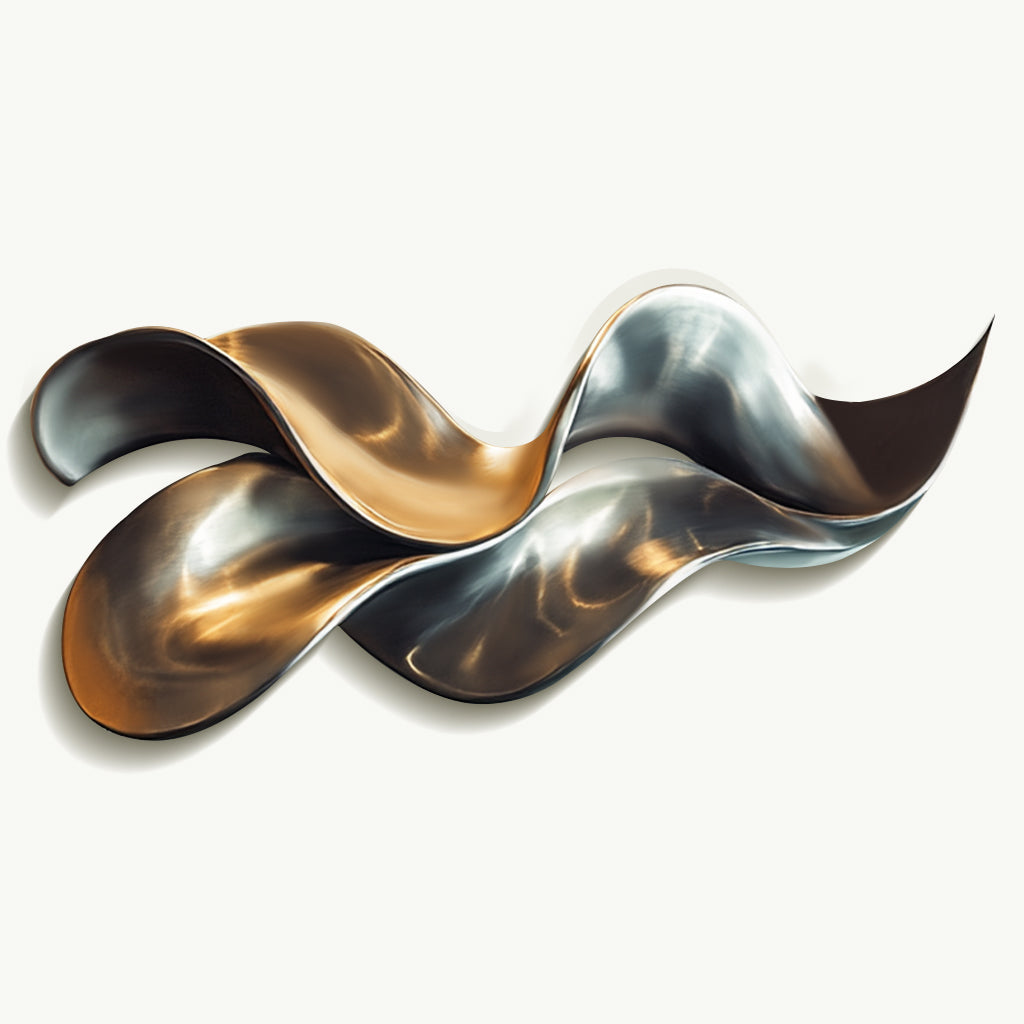 Large fluid abstract stainless steel wall sculpture with polished mirror finish, featuring dynamic curves and a modern design for luxury spaces.