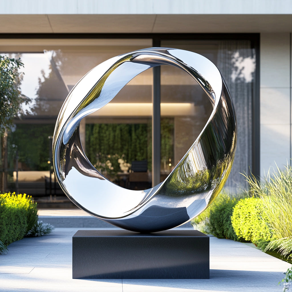 Modern stainless steel sculpture with black base in front of a building with greenery