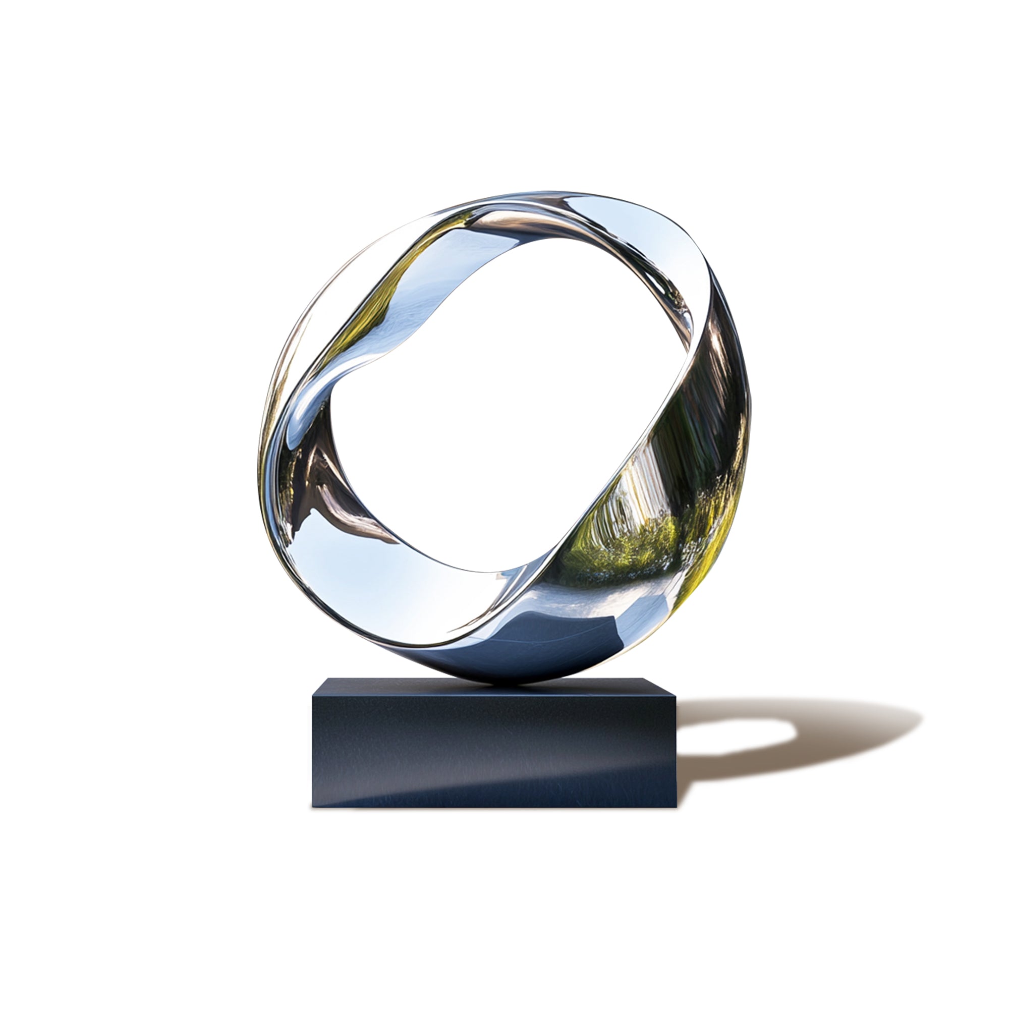 Modern stainless steel sculpture with black base i