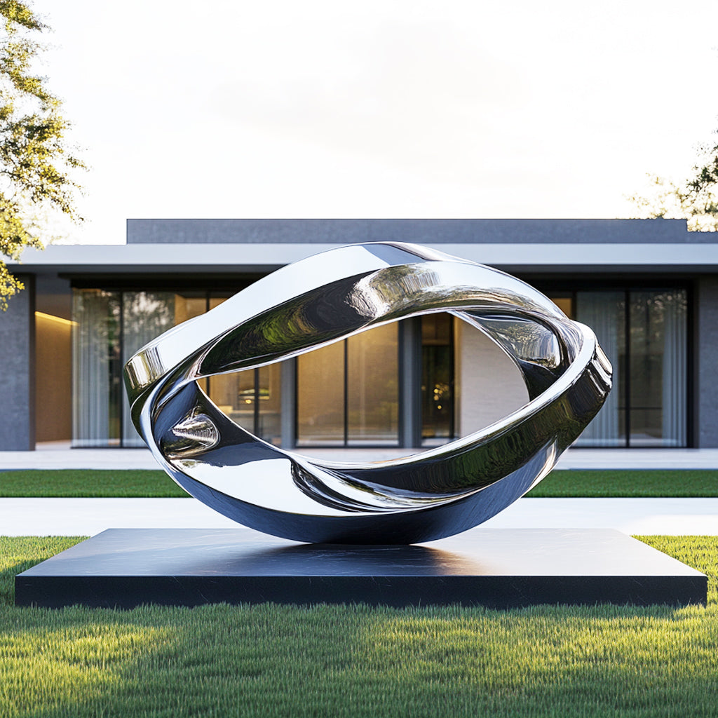 Modern Interlock Stainless Steel Sculpture in front of a modern building