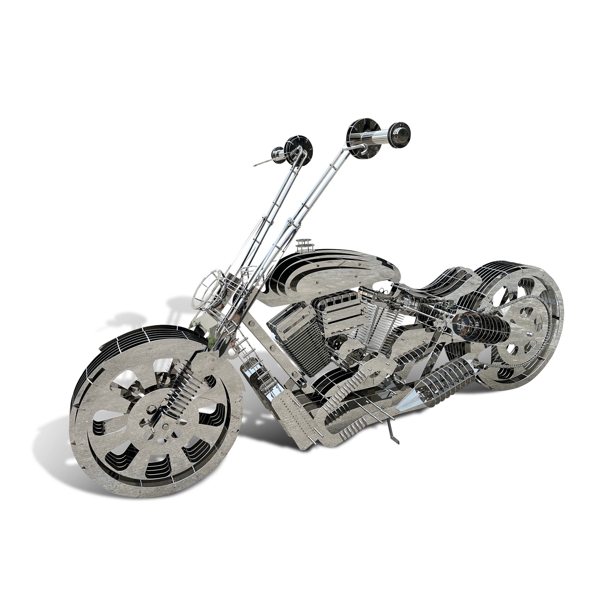 Life-size motorcycle sculpture made of polished stainless steel