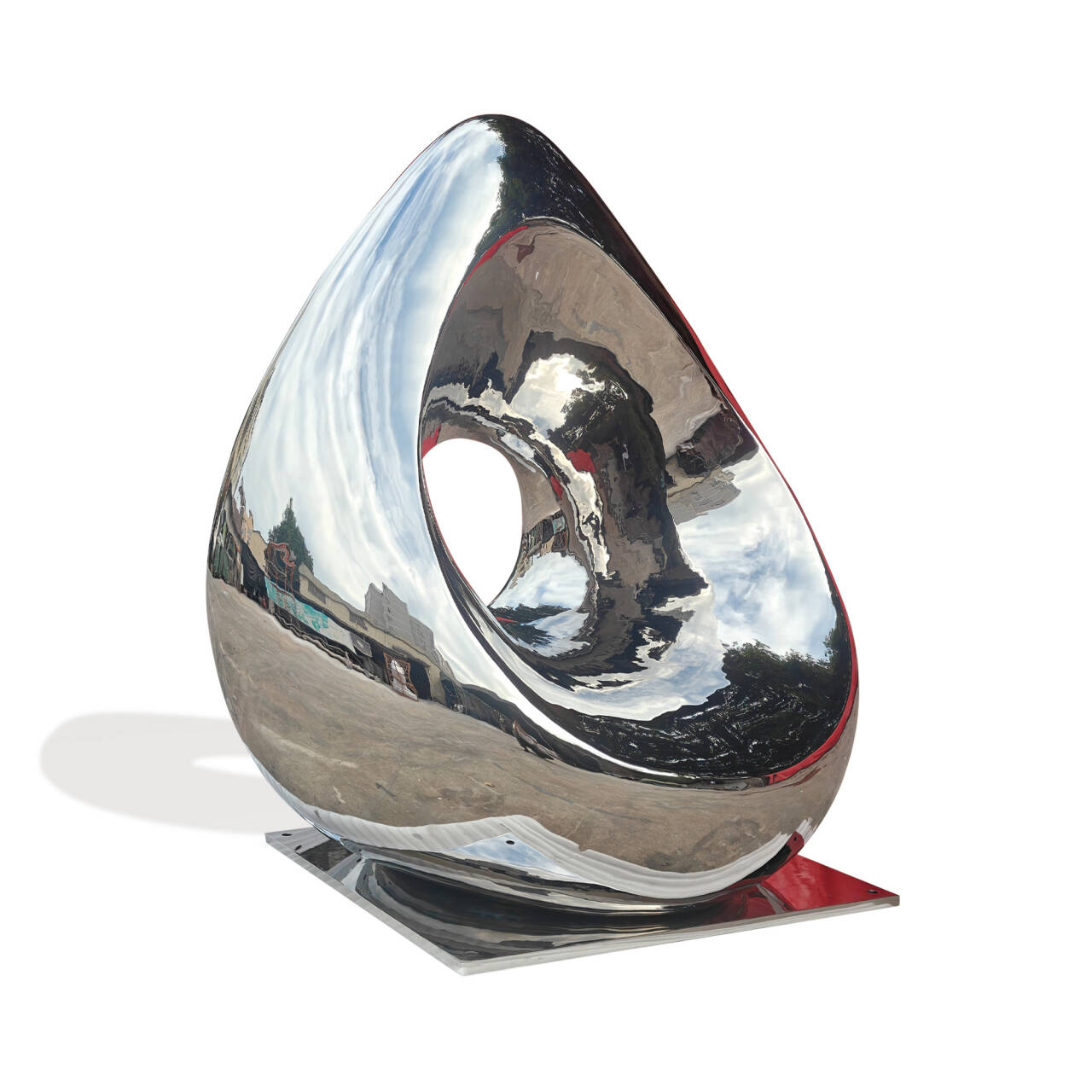 mirror finish statinless steel sculpture with reflective surface on a white background