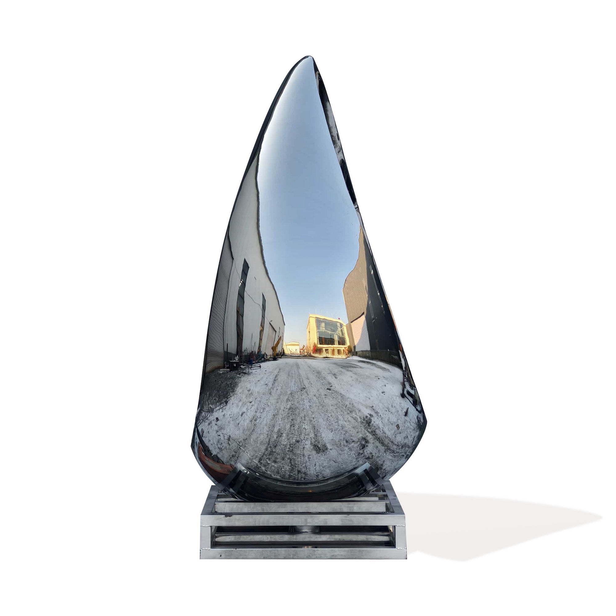 Large stainless steel mirror abstract sculpture profile view modern garden and public art decor