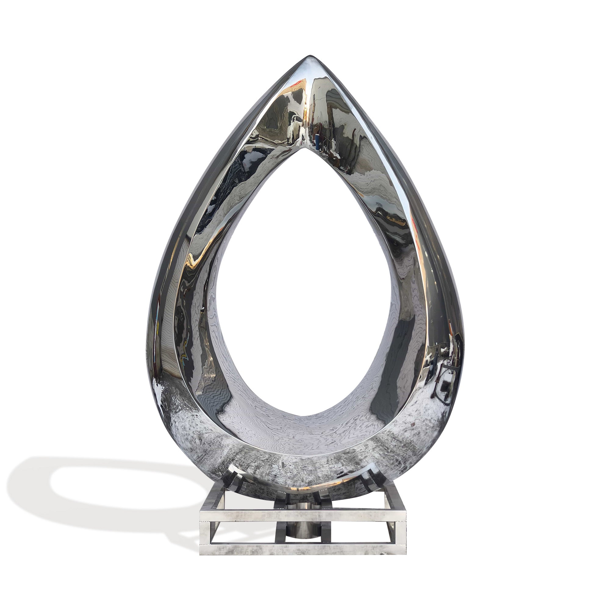Mirror finish stainless steel abstract drop sculpture front view contemporary outdoor sculpture