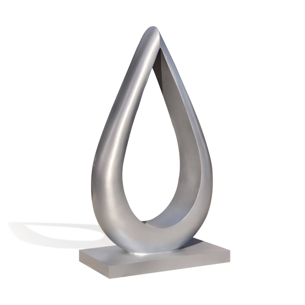 Contemporary stainless steel teardrop sculpture in silver finish with smooth curved lines and hollow center, ideal for modern gardens and outdoor art installations.