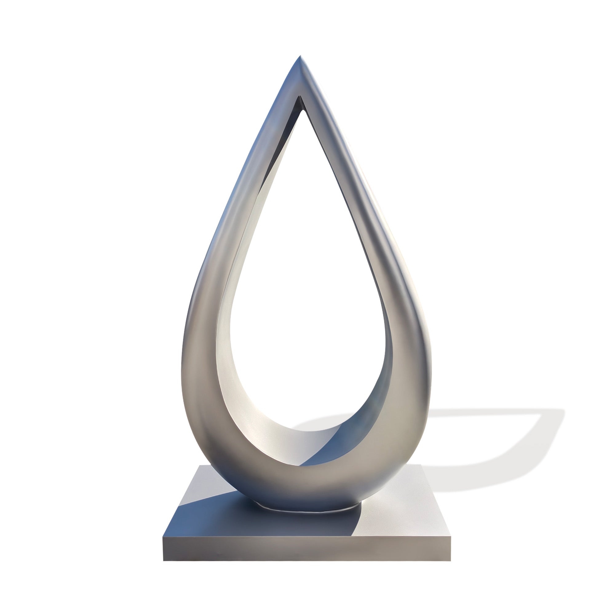 Modern abstract stainless steel sculpture with custom painted silver finish and smooth surface, hollow teardrop shape on square base for outdoor yard or garden display.