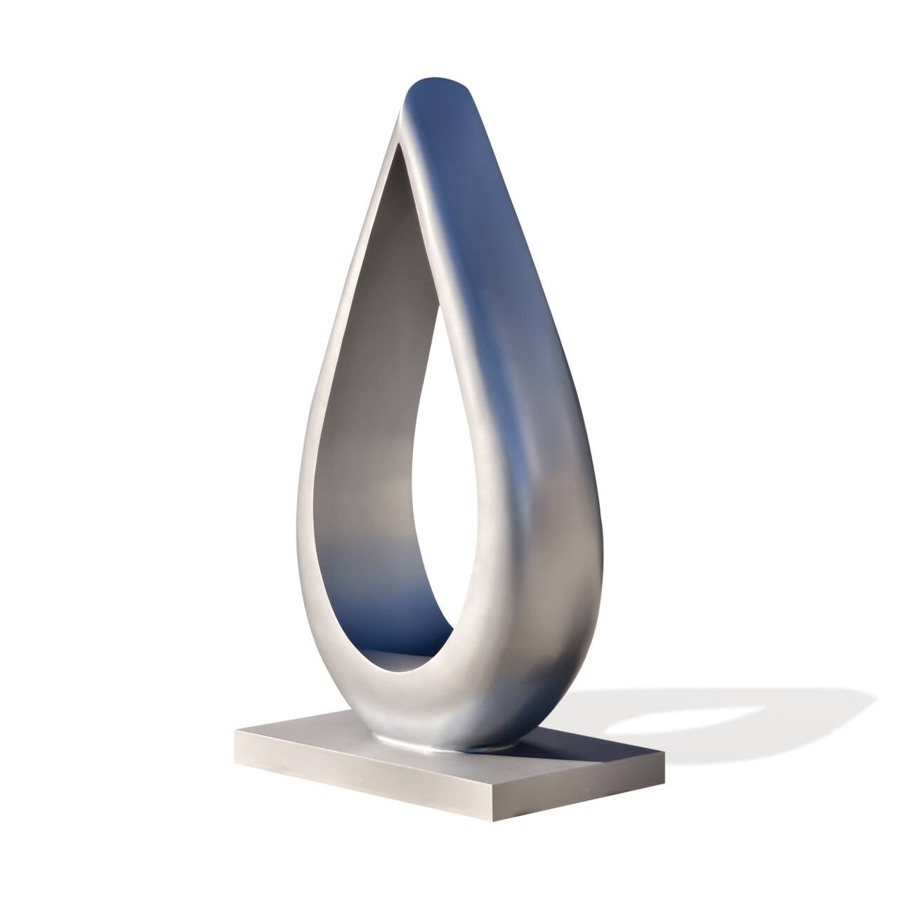 Custom silver stainless steel sculpture with a hollow design and sleek smooth surface, elegant modern artwork for garden, patio, or outdoor courtyard decoration.