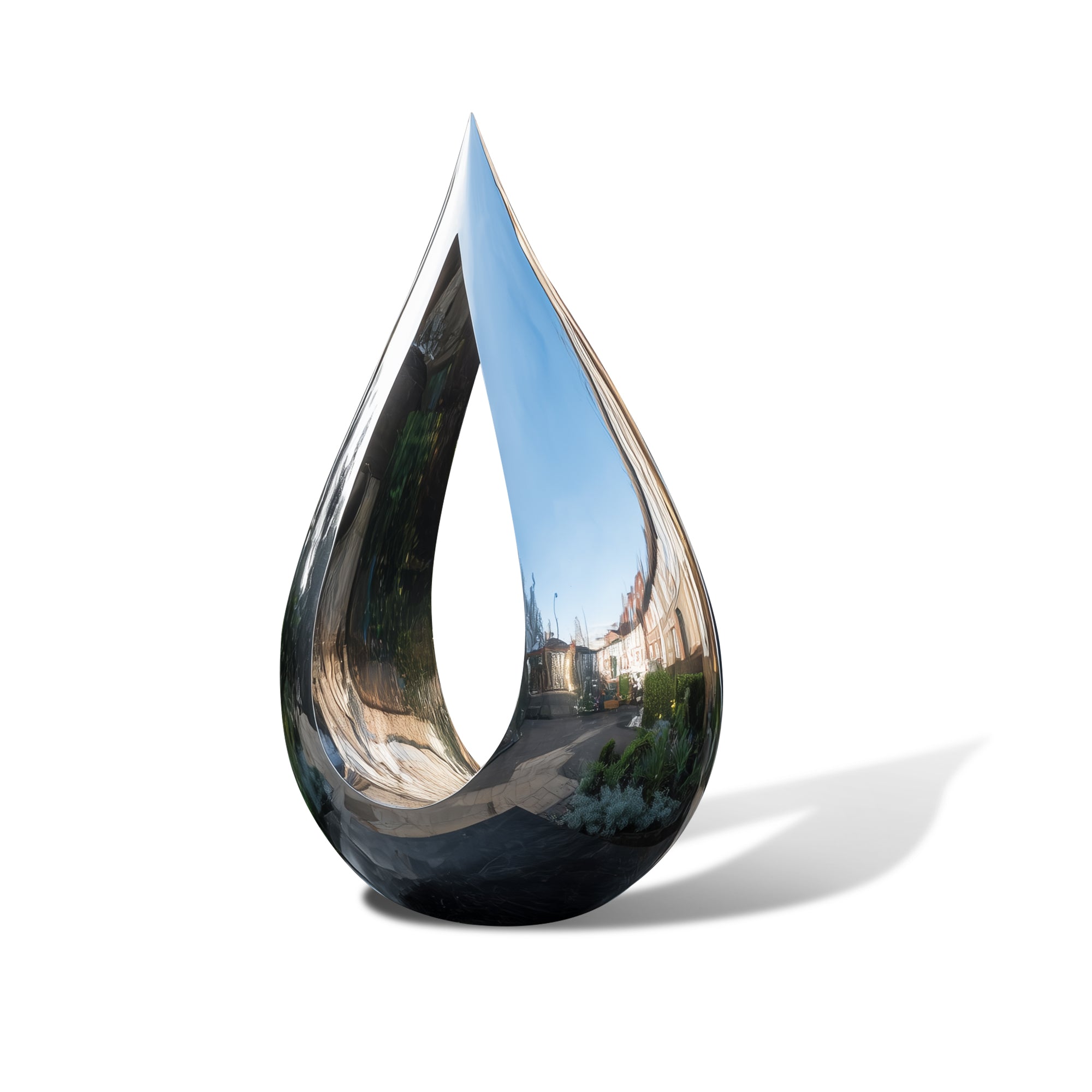 Teardrop-shaped reflective stainless steel sculpture on a white background