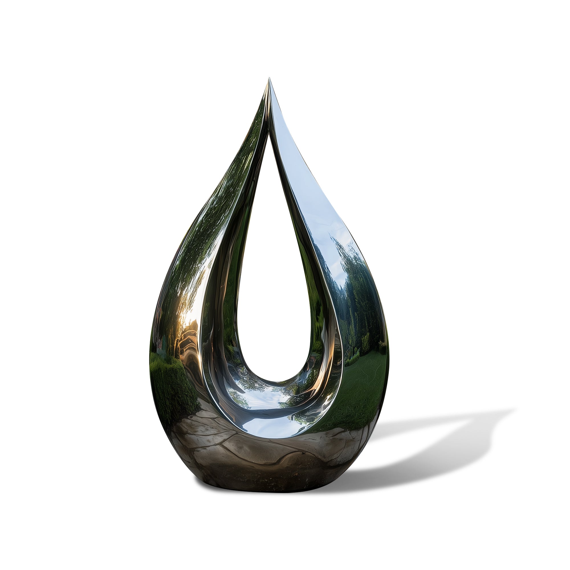 Decorative stainless steel sculpture shaped like a teardrop on a white background