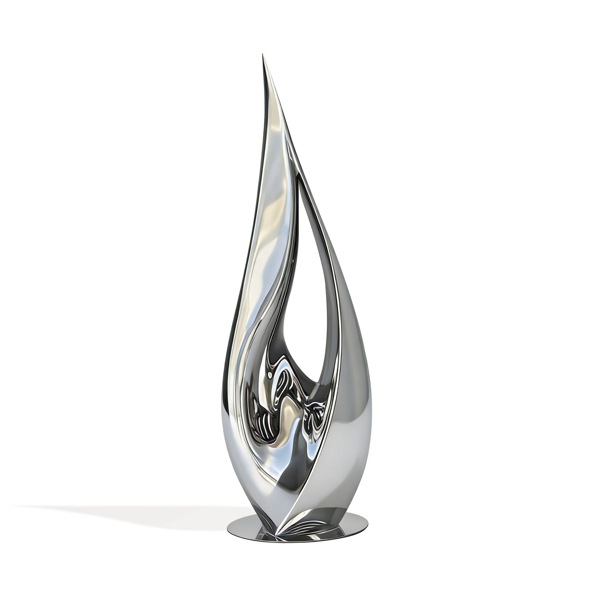 Mirror polished stainless steel abstract sculpture FS-164 by FINEST, featuring a flowing flame-inspired form on a white background