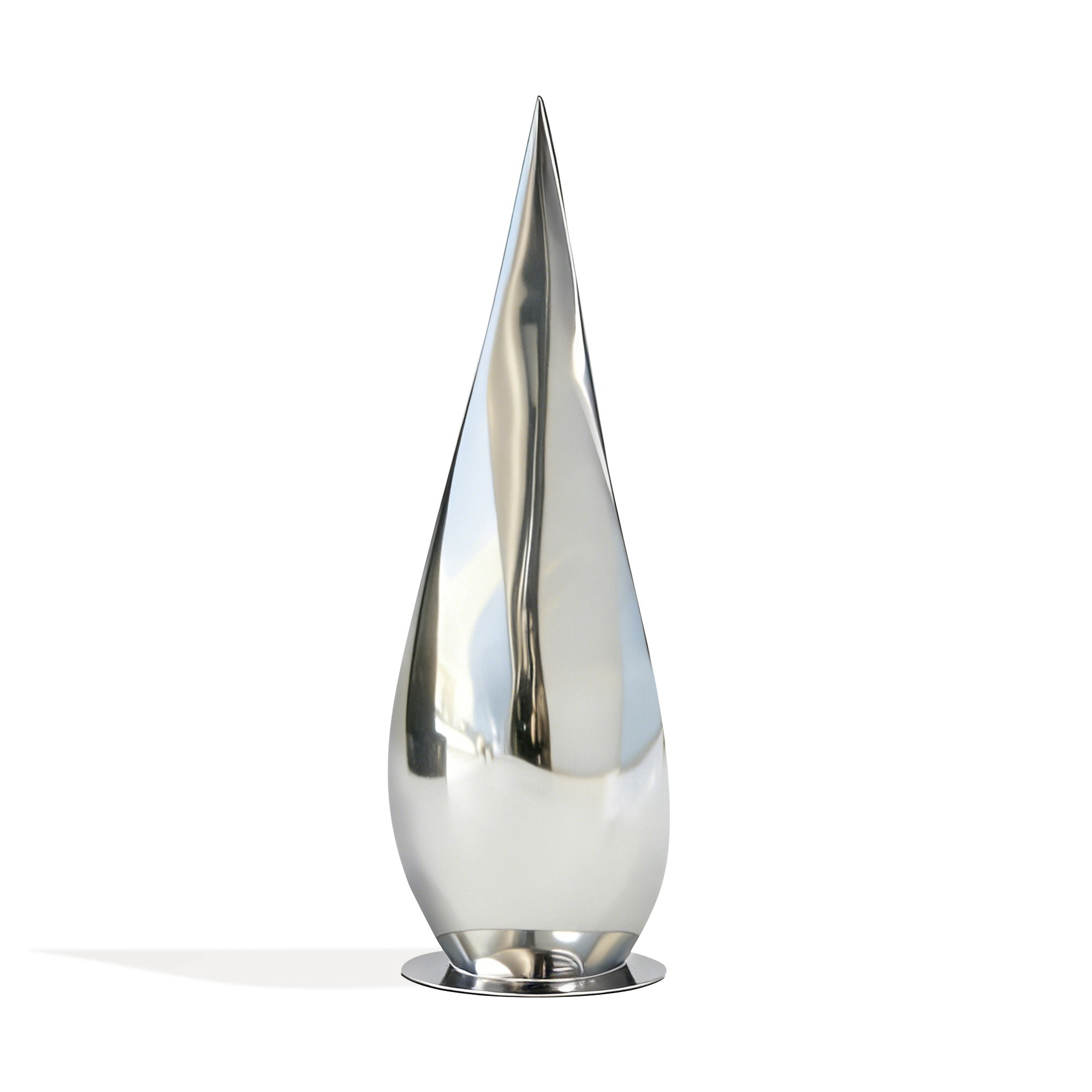 Stainless steel abstract flame sculpture with mirror finish by FINEST, model FS-164, displayed on a white background highlighting its sculptural curves