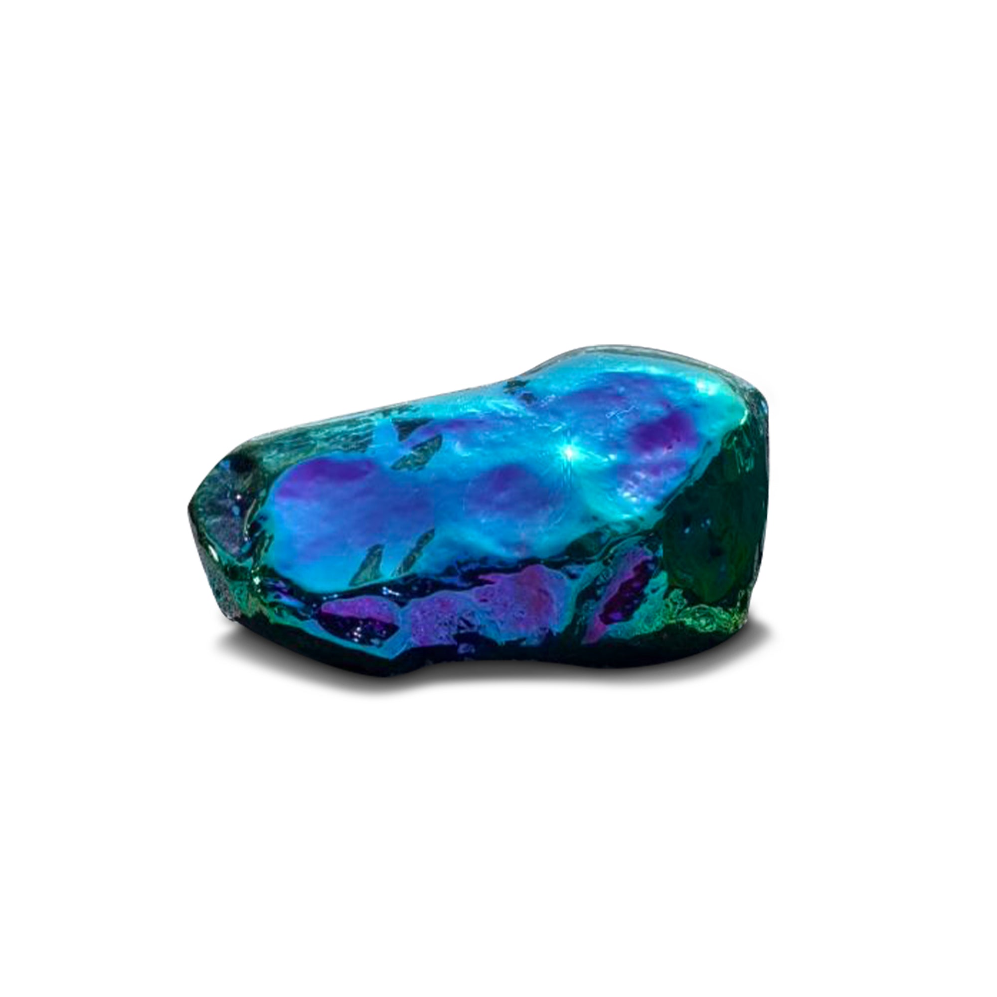 Colorful stainless steel sculpture rock on a white background