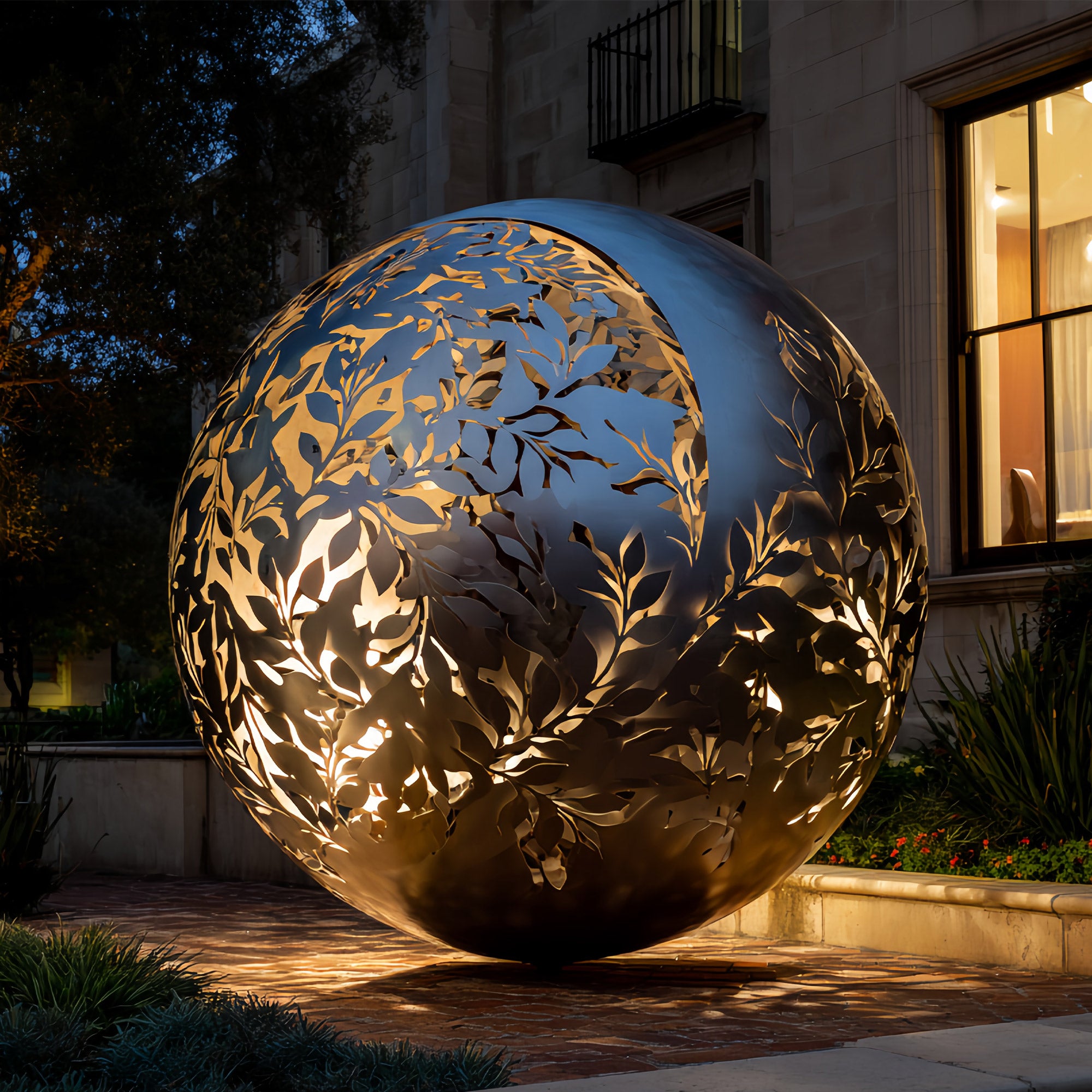 Luminous Sphere light sculpture with floral cutouts in a garden