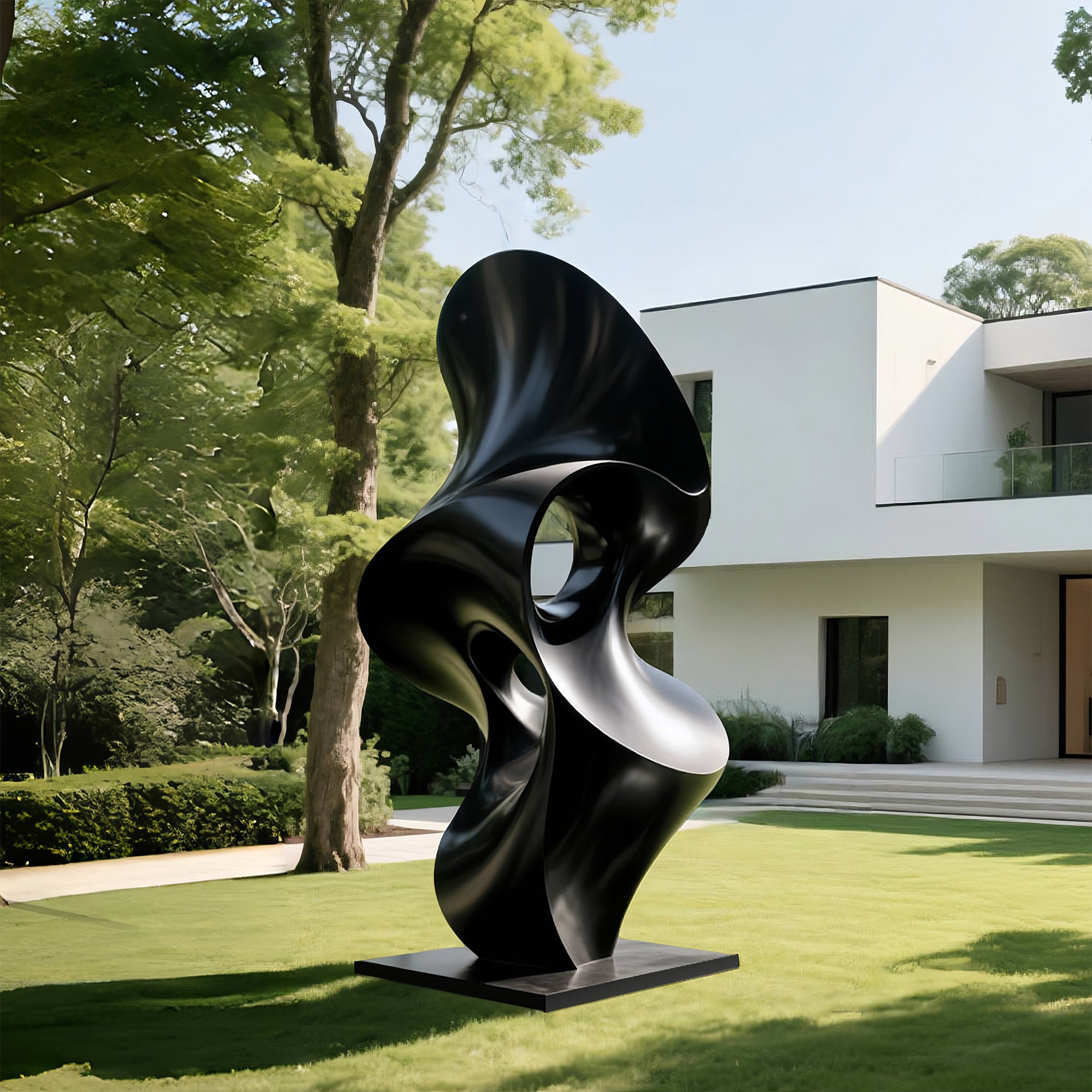 Modern black sculpture on a grassy lawn with a house in the background