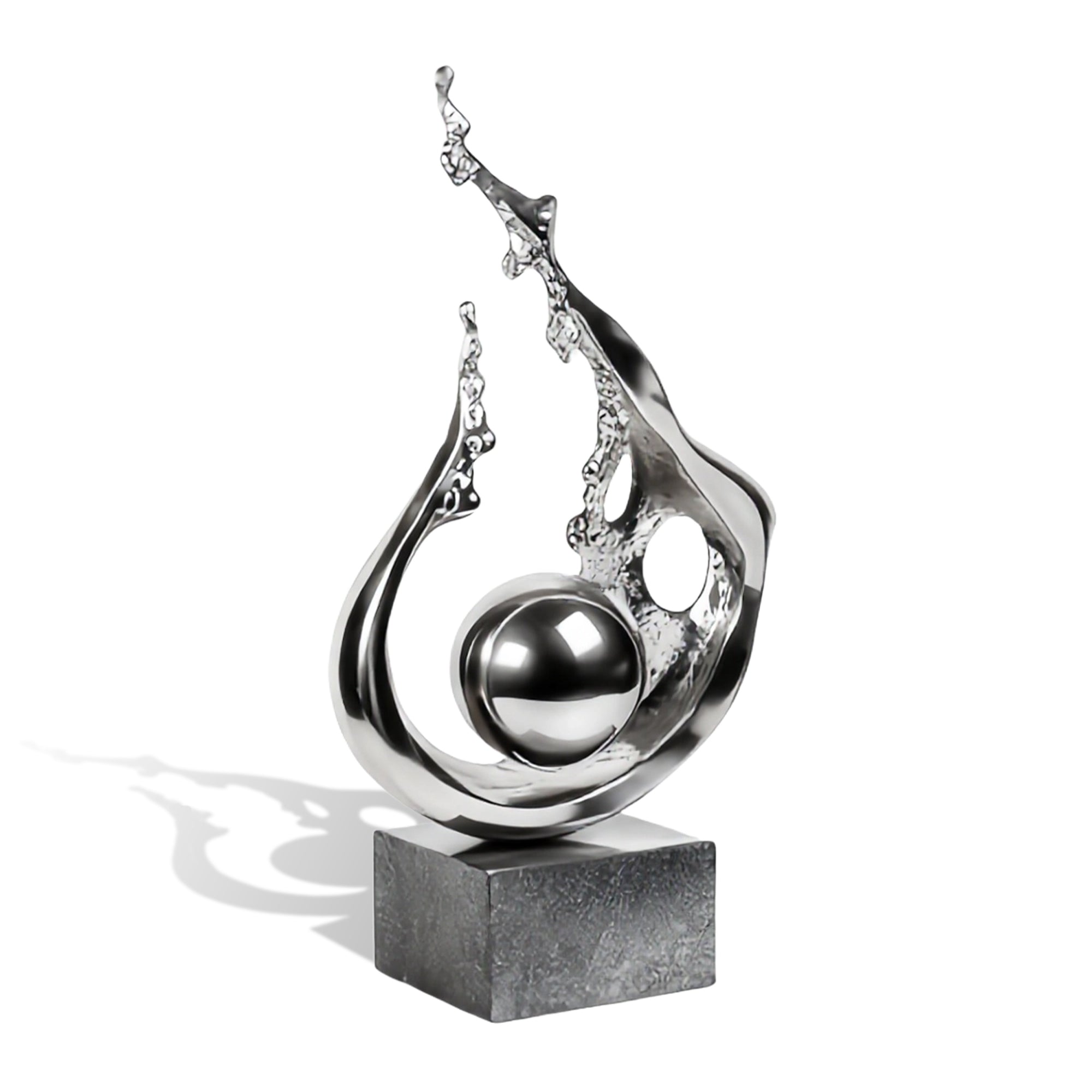 Abstract silver sculpture on a white background