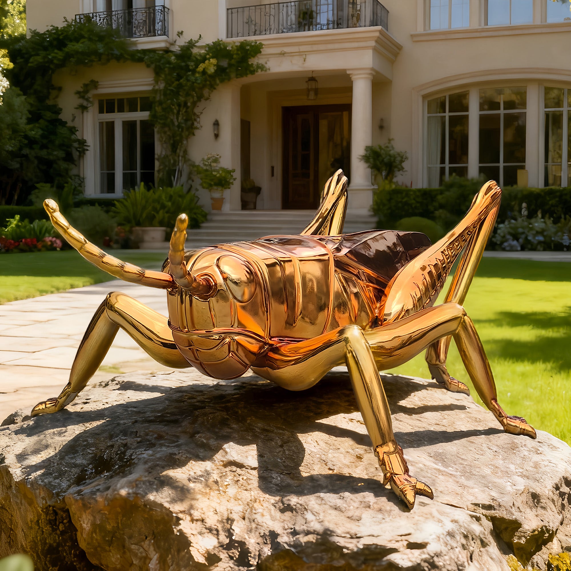 Gold grasshopper sculpture on rocks in front of a house.