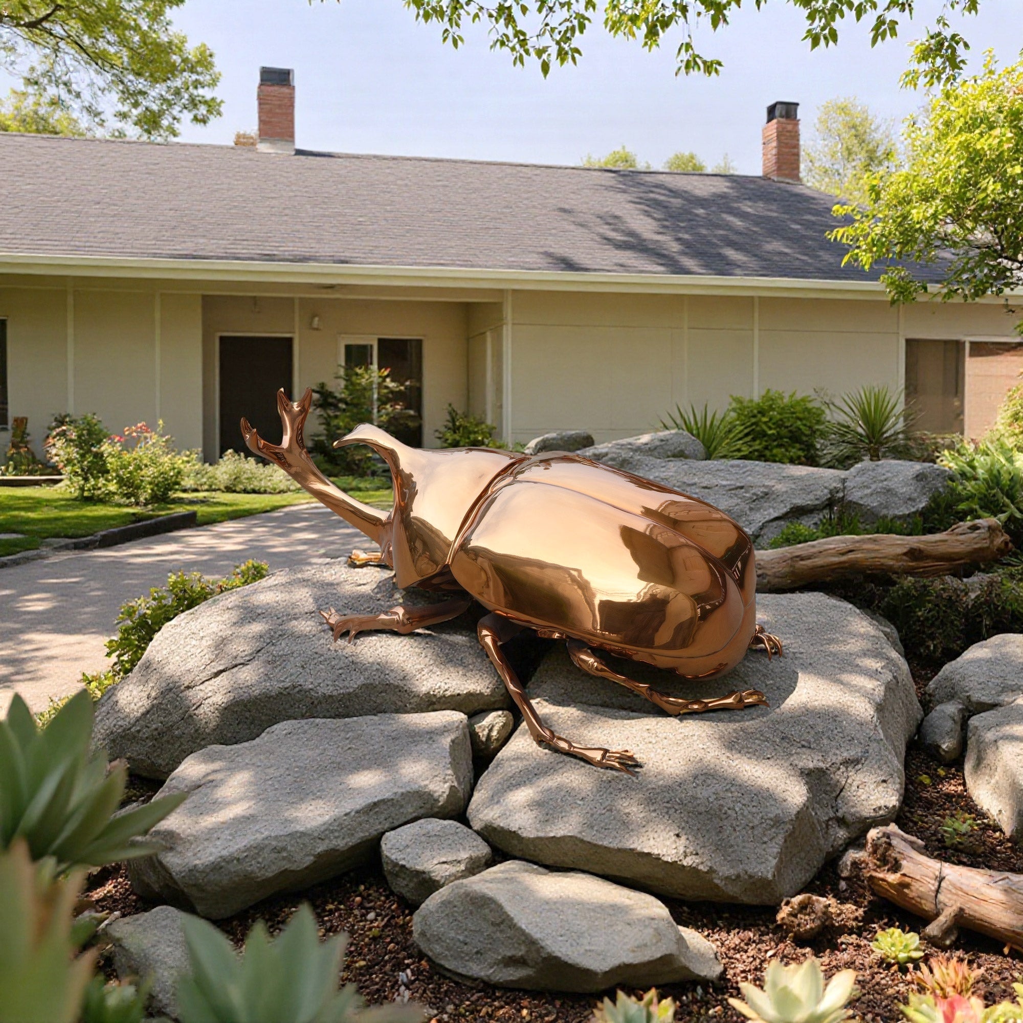 Bronze rhinoceros beetle sculpture on rocks in front of a house