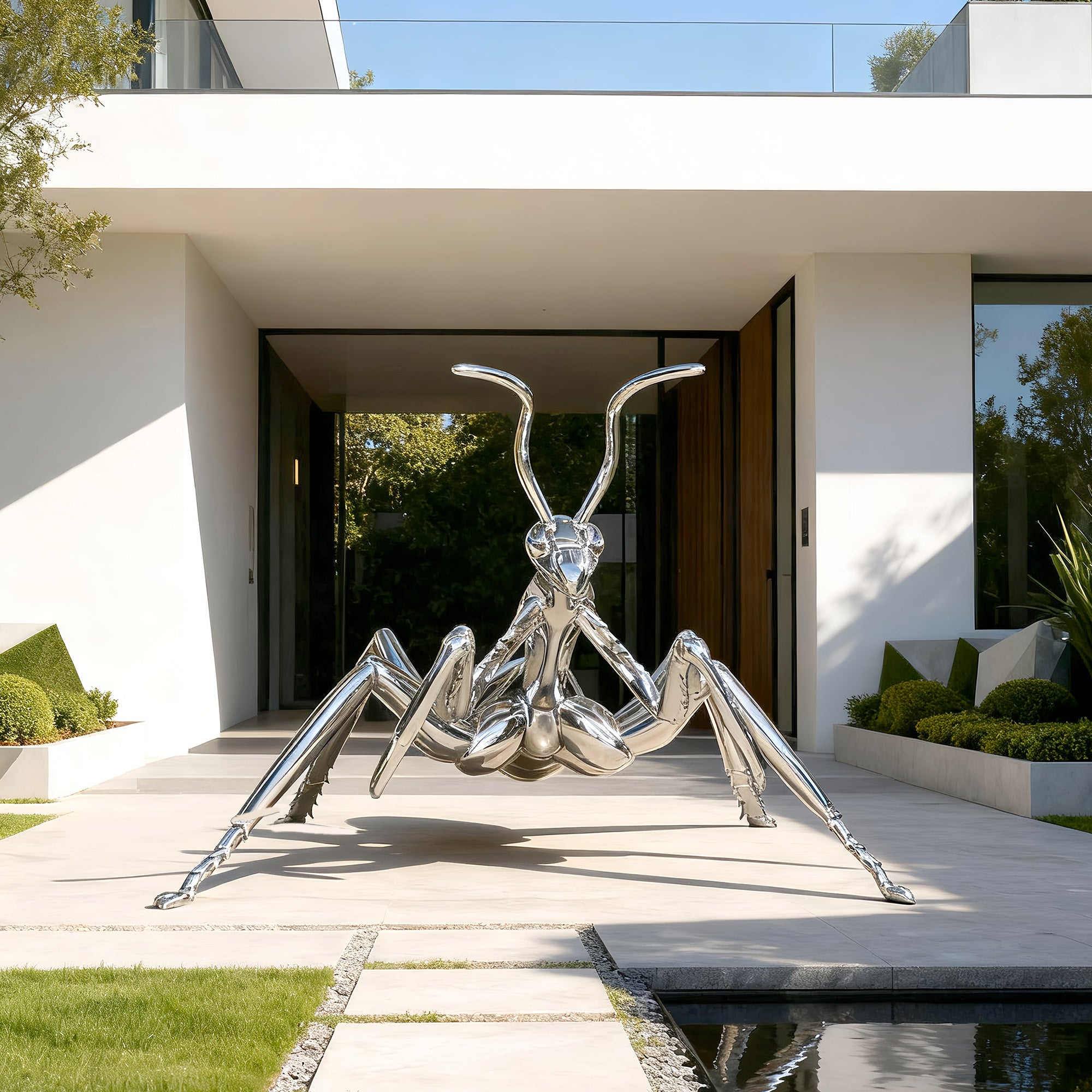 Large Stainless Steel Mantis Sculpture in front of a modern house