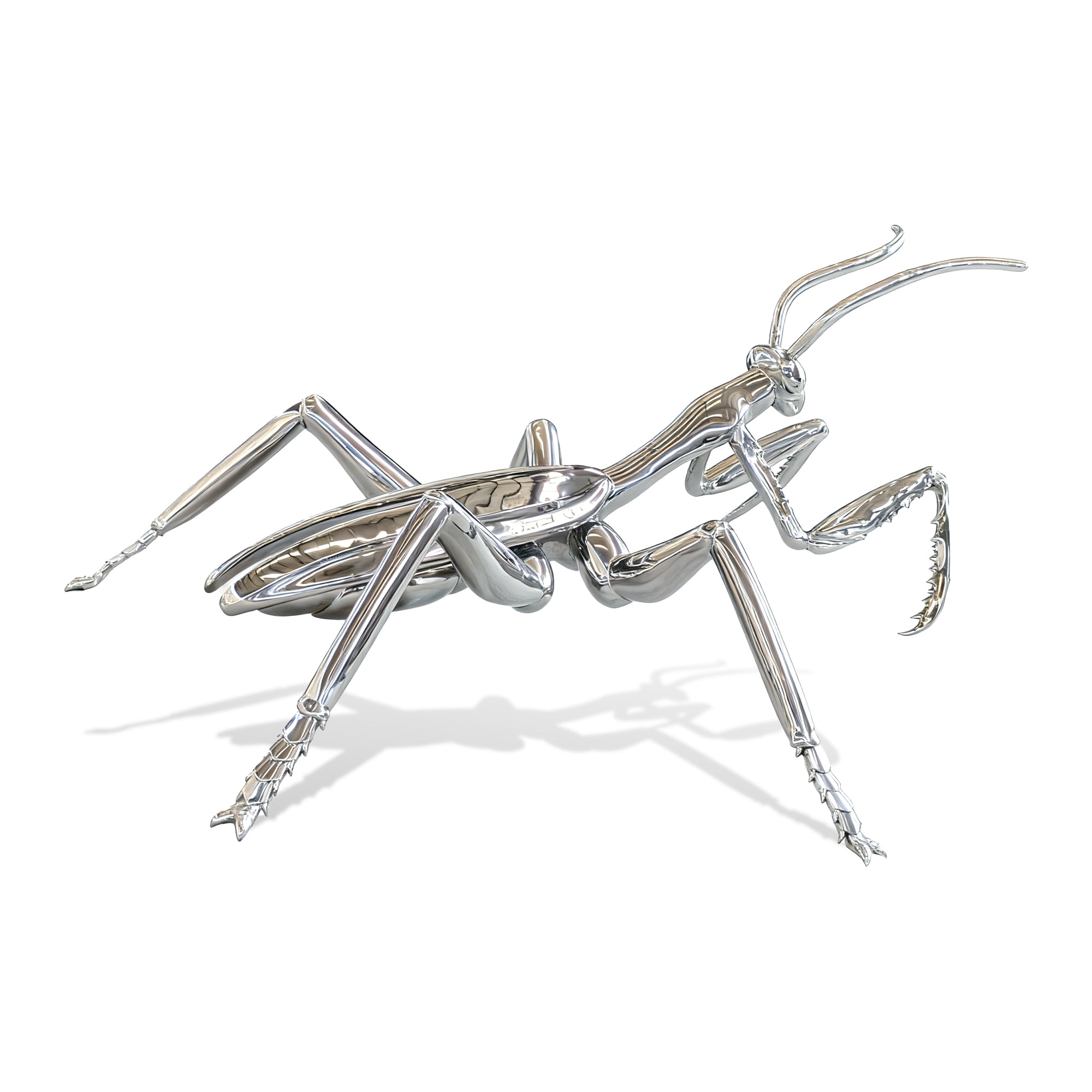 Stainless Steel Mantis Sculpture on a white background