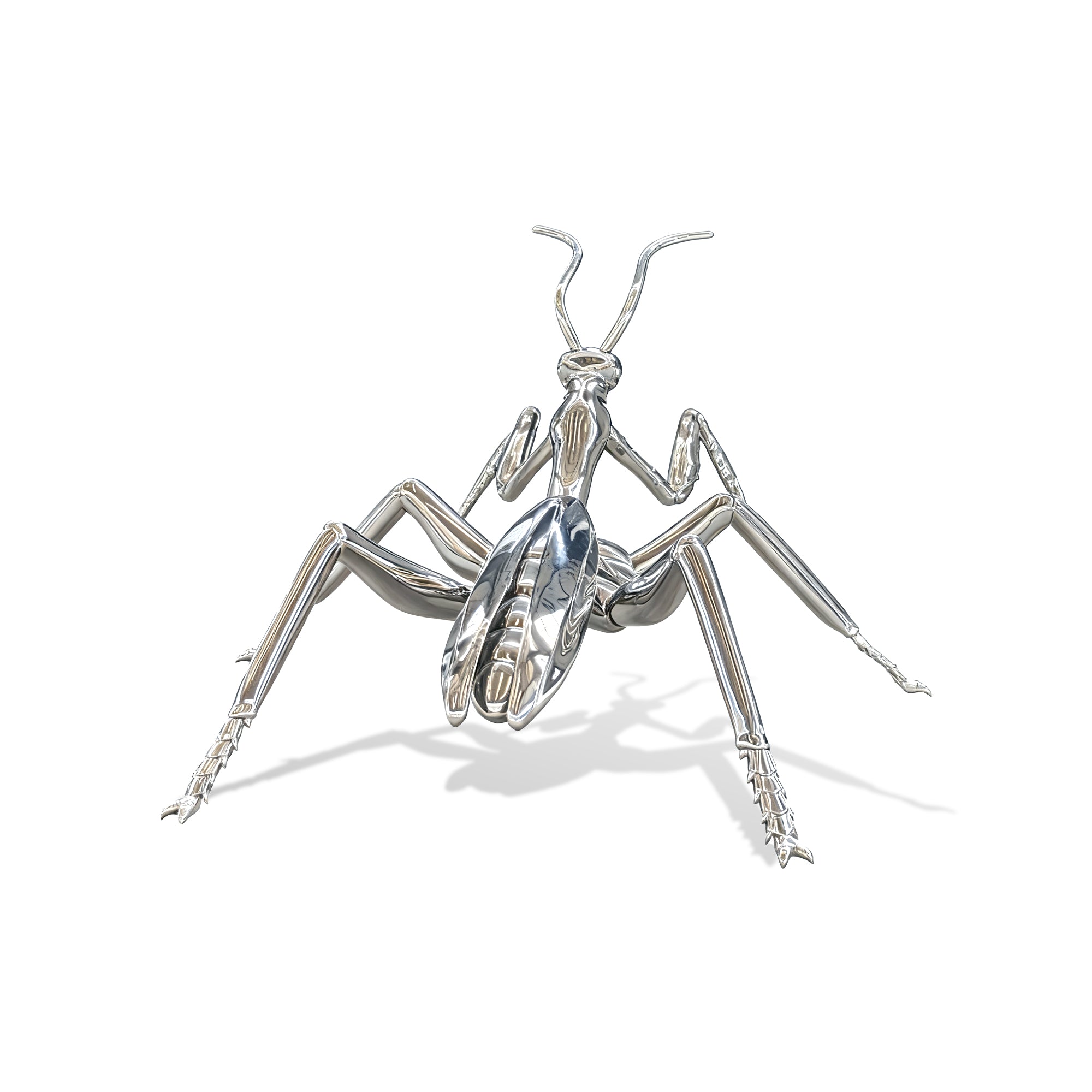 Stainless Steel Mantis Sculpture on a white background