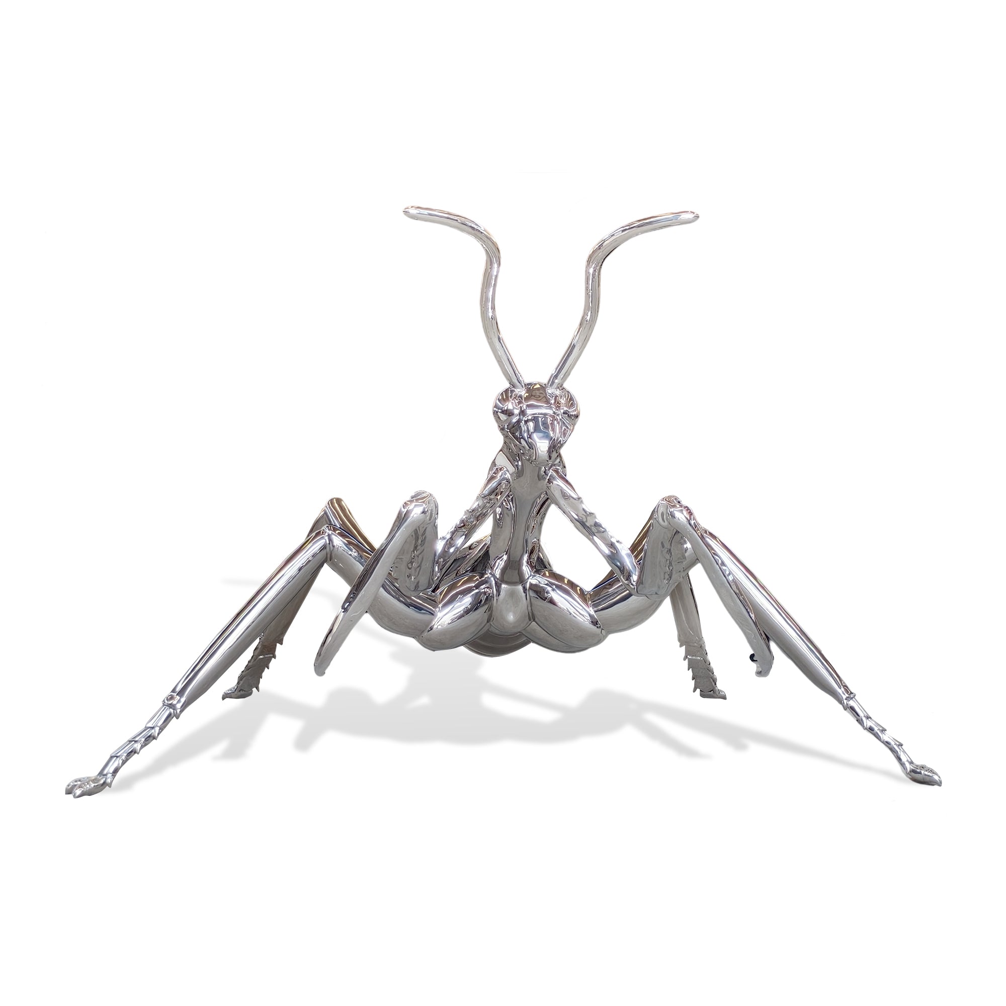 Stainless Steel Mantis Sculpture on a white background