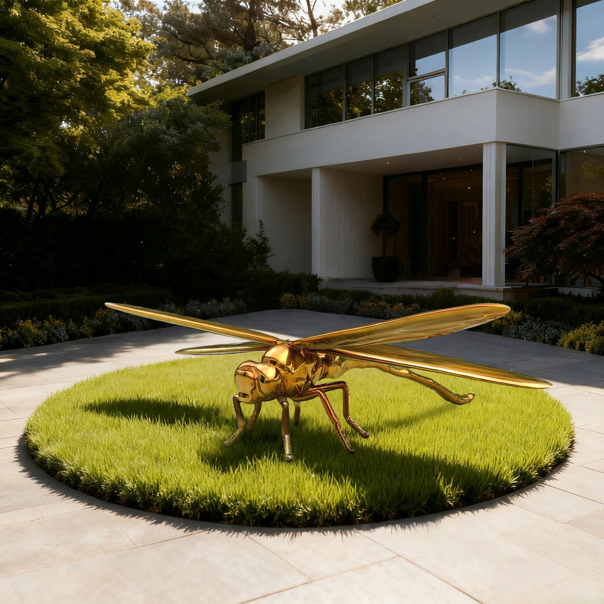 Gold dragonfly sculpture on grass in front of a modern house