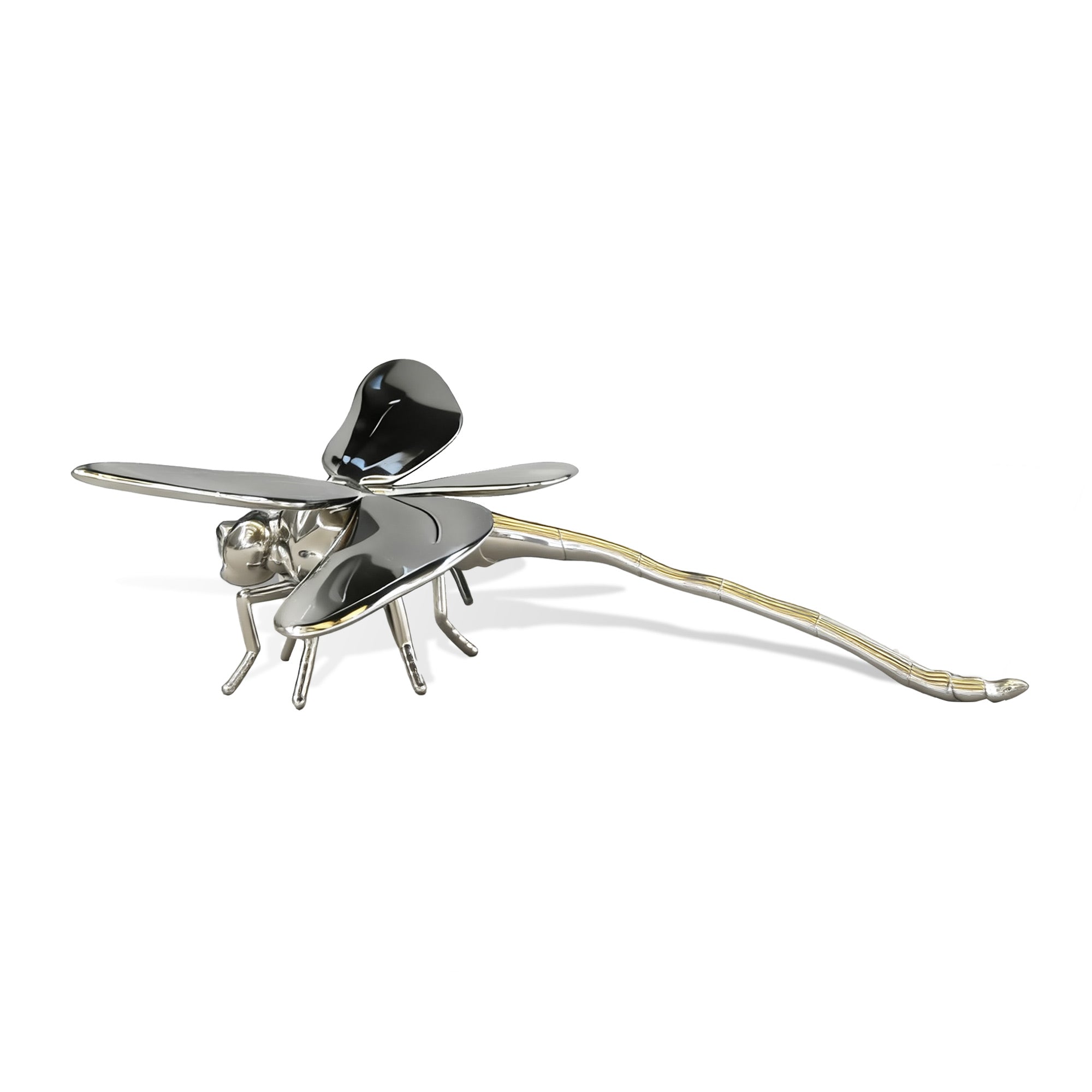 Metallic insect-shaped object on a white background