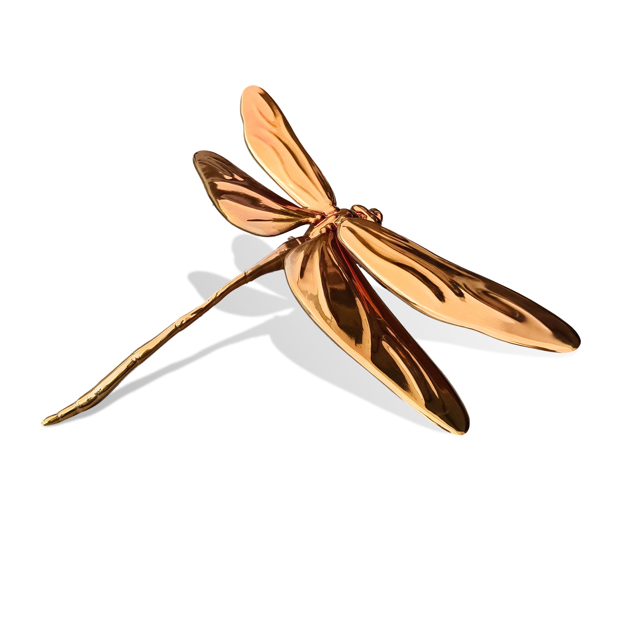 Rose gold dragonfly-shaped brooch on a white background