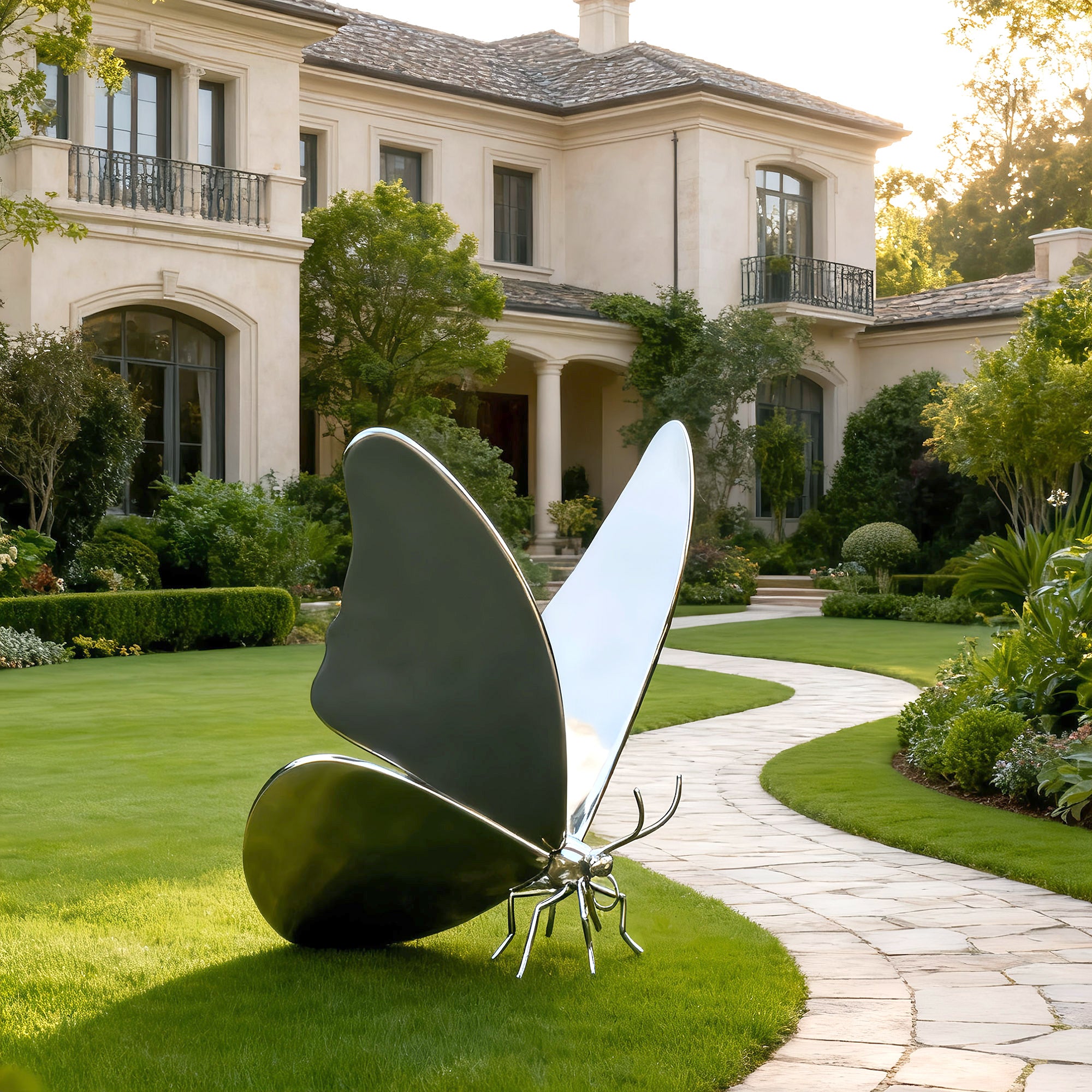 Metal butterfly sculpture in a garden with a mansion in the background