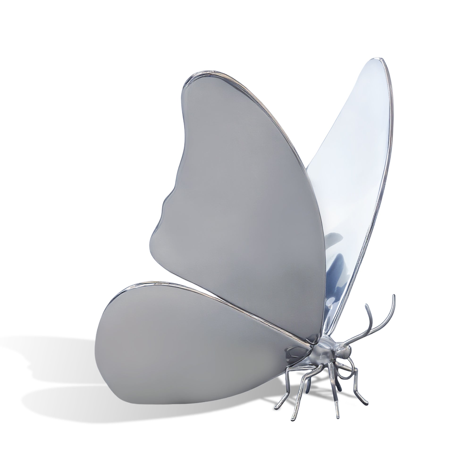 Modern Stainless Steel Butterfly Sculpture on a white background