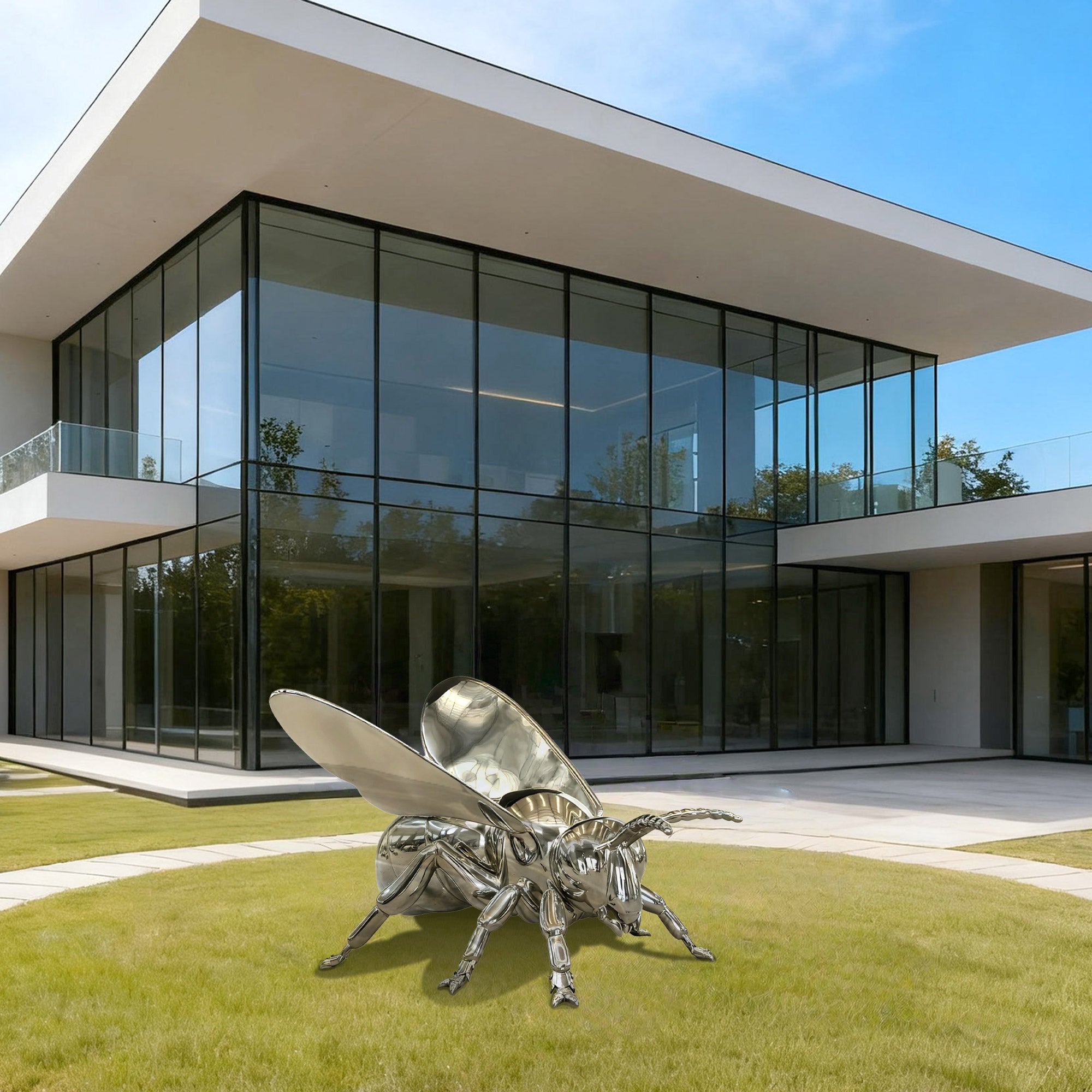 stainless steel bee sculpture on grass in front of a modern building