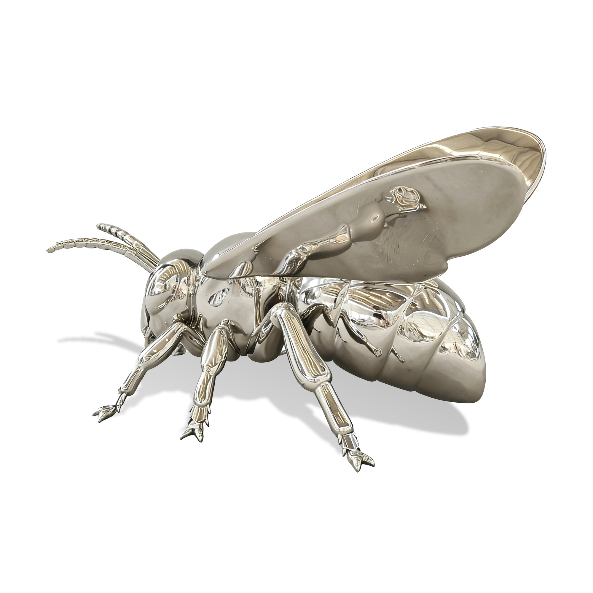 stainless steel bee sculpture on a white background