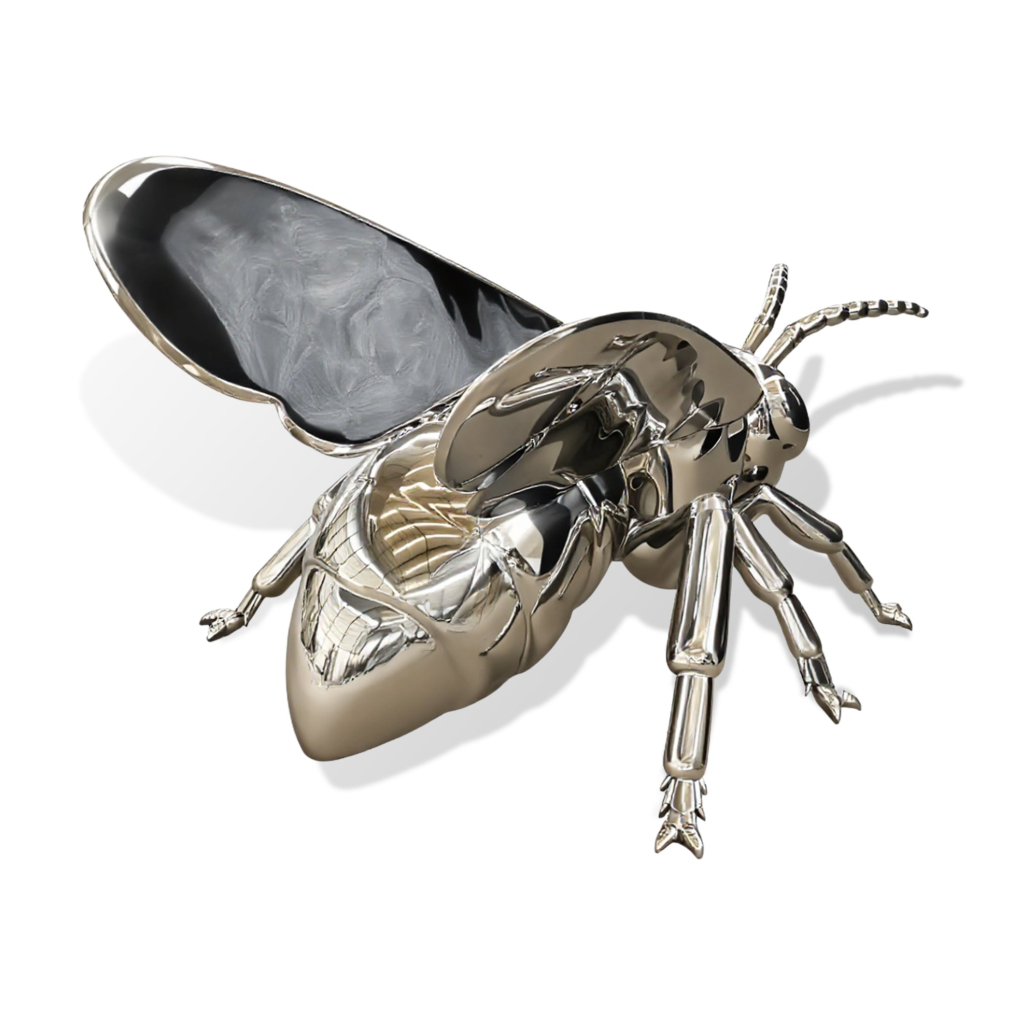 stainless steel bee sculpture on a white background