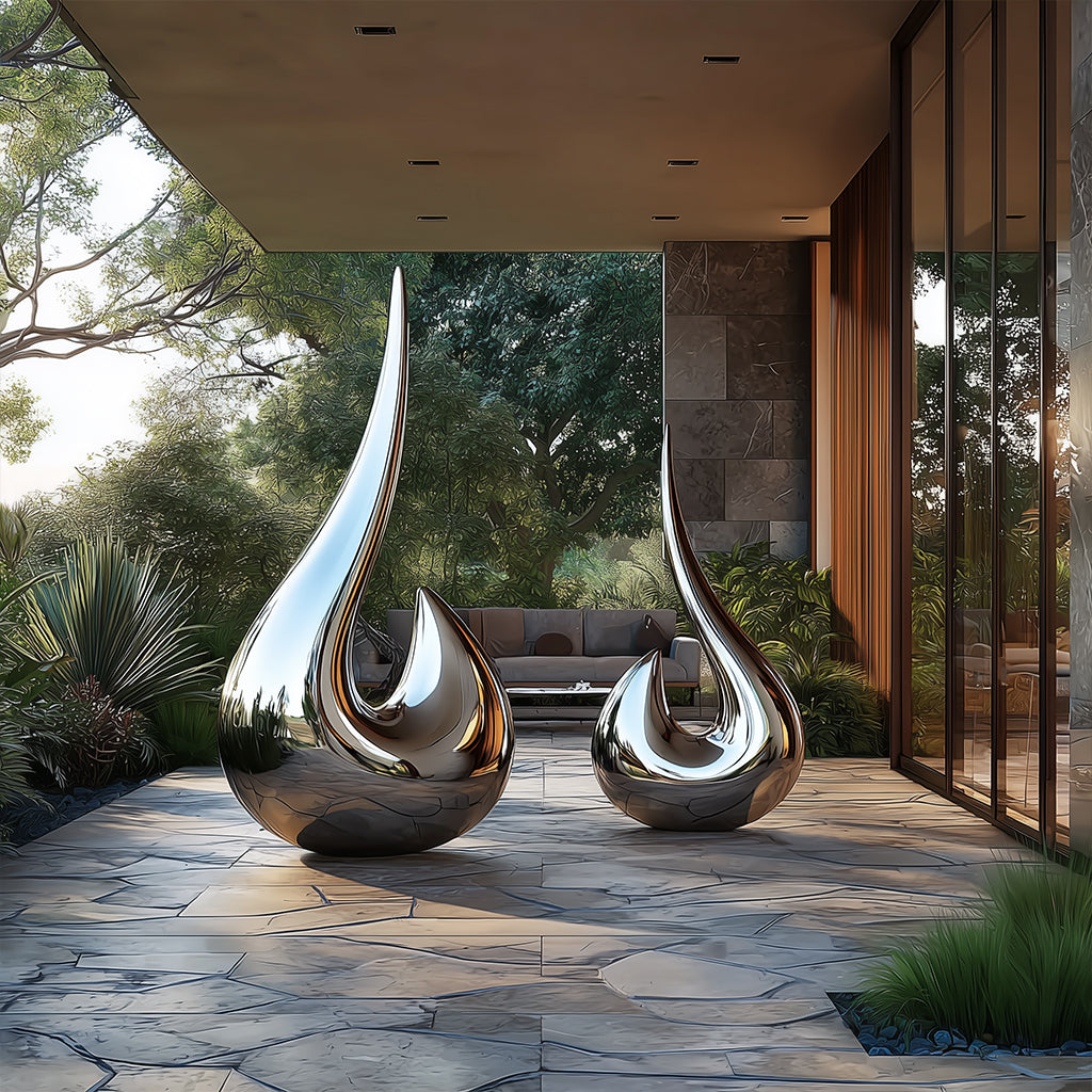 Two large stainless steel sculptures on a stone patio with a modern building and greenery in the background.