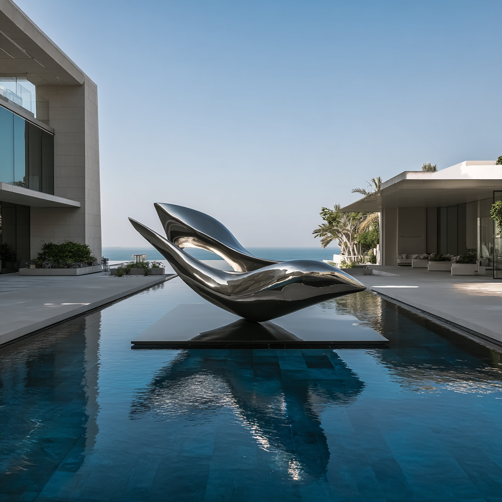 Modern sculpture by a pool with a clear blue sky and ocean view