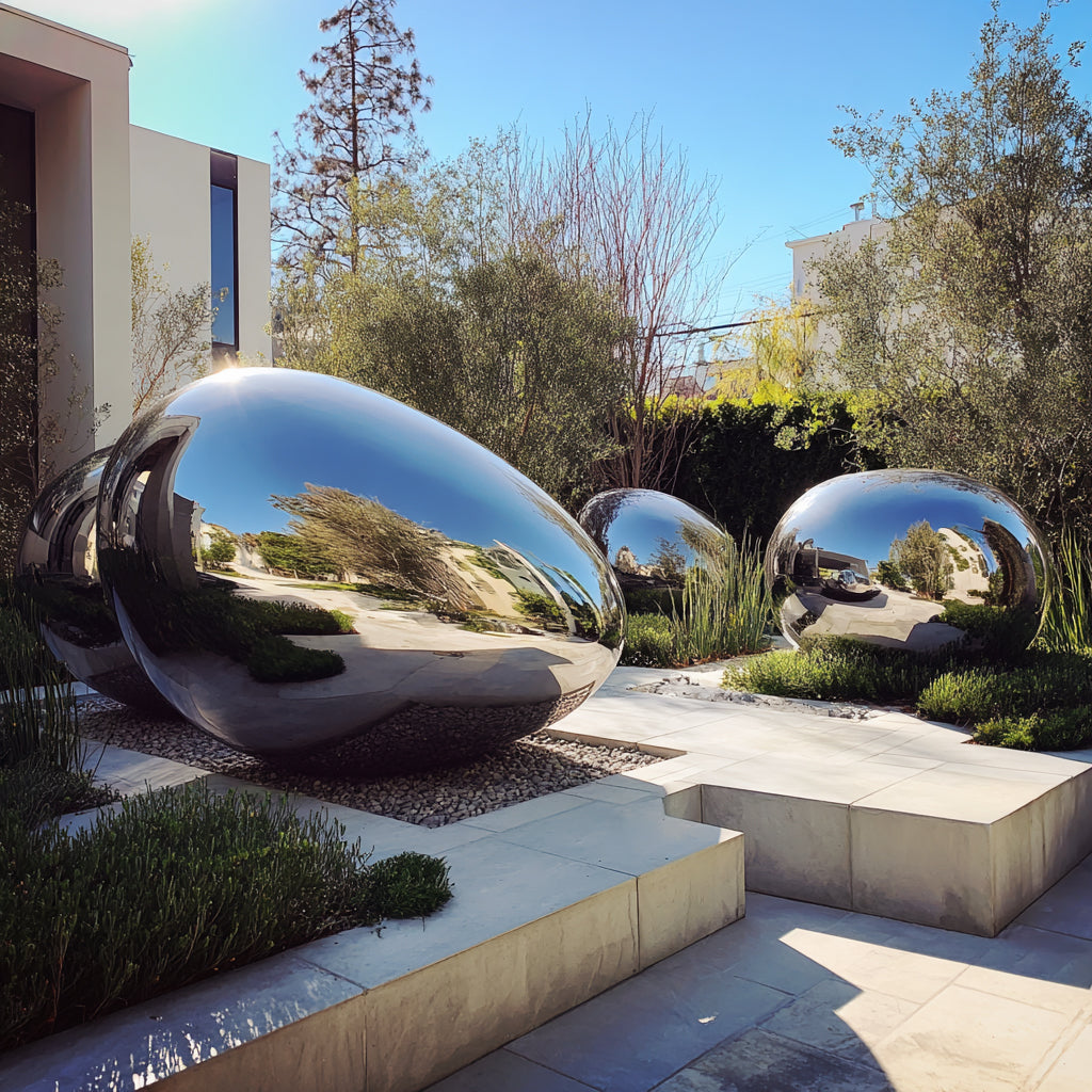 Reflective metal sculptures in a garden setting with trees and buildings in the background