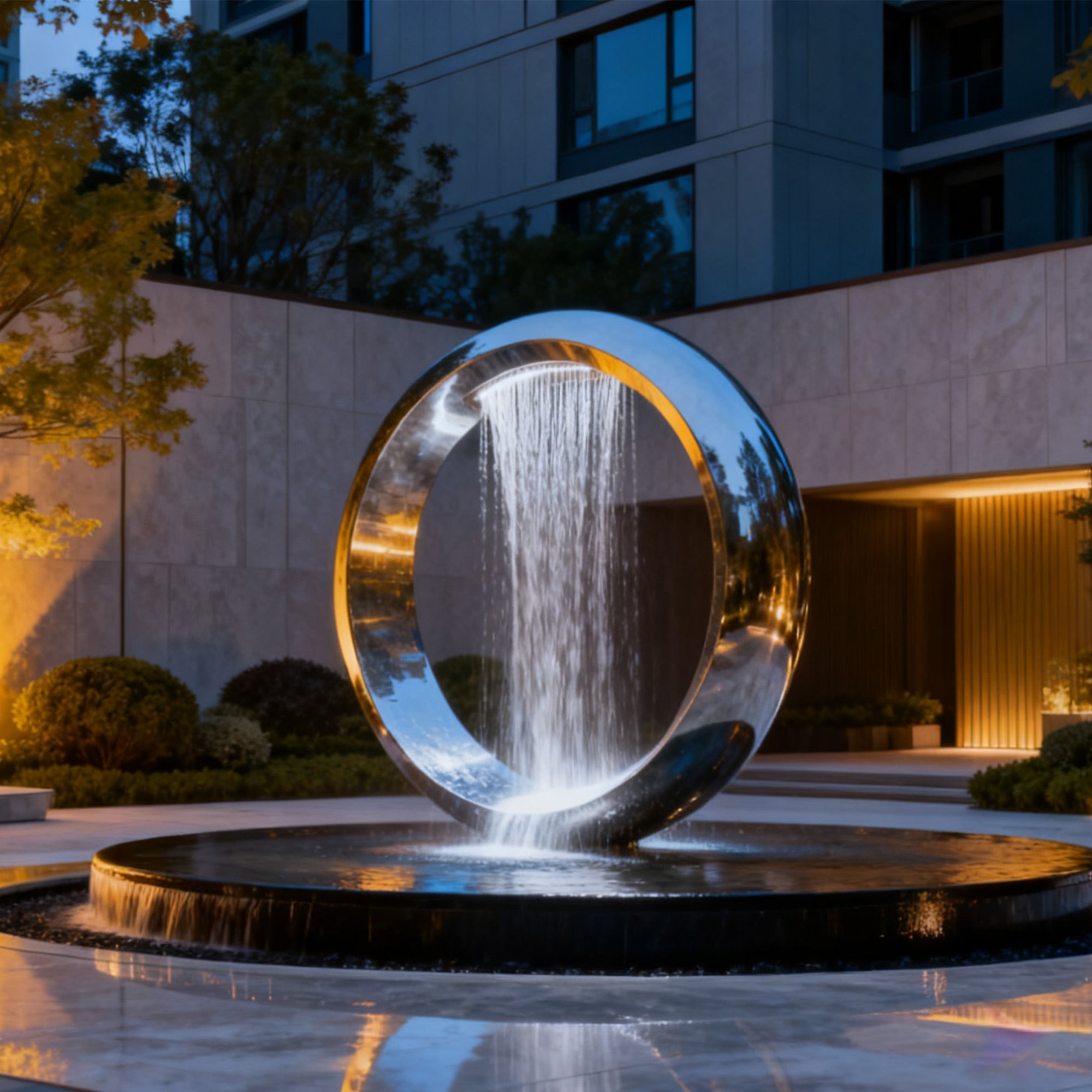 Modern water fountain sculpture in front of a building at night